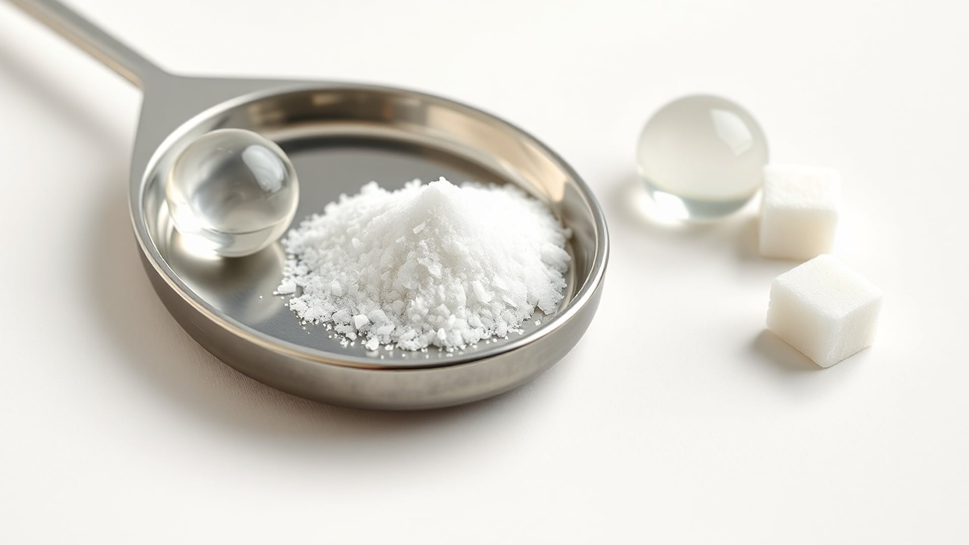Illustration of a heap of sugar crystals on a steel weighing dish beside a glass bead and a sugar cube