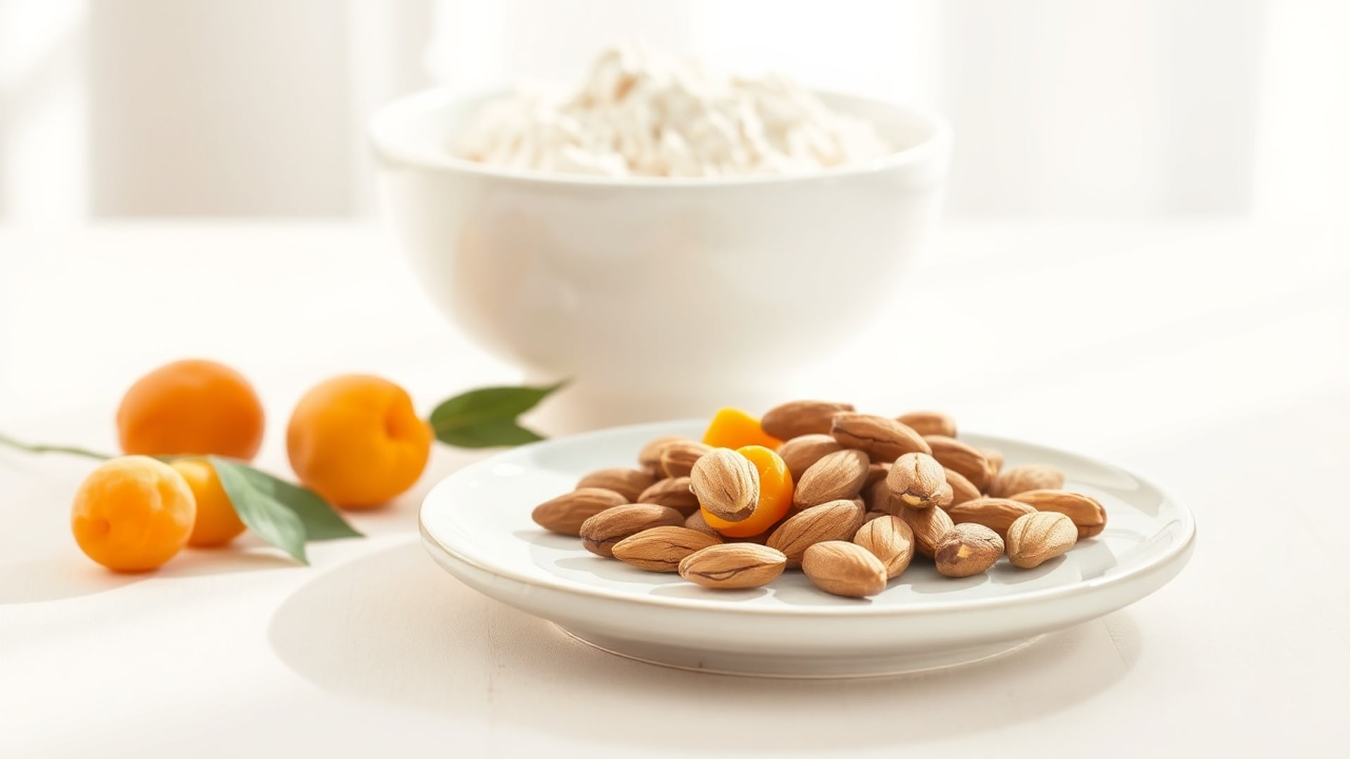 Illustration of almonds on a white plate beside fresh apricots and a bowl of flour