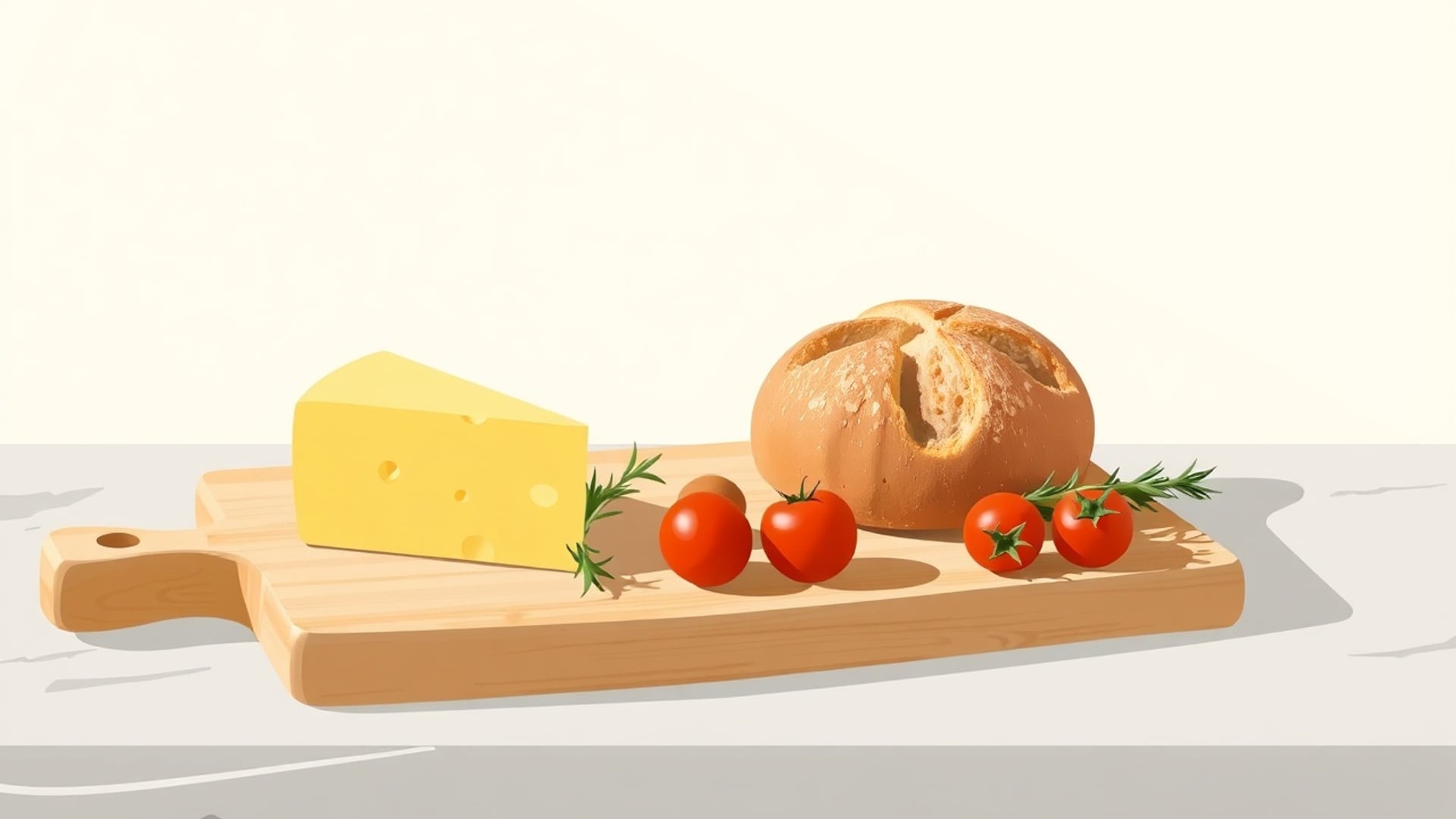 Illustration of a wedge of cheese, a round loaf and cherry tomatoes with rosemary on a wooden board