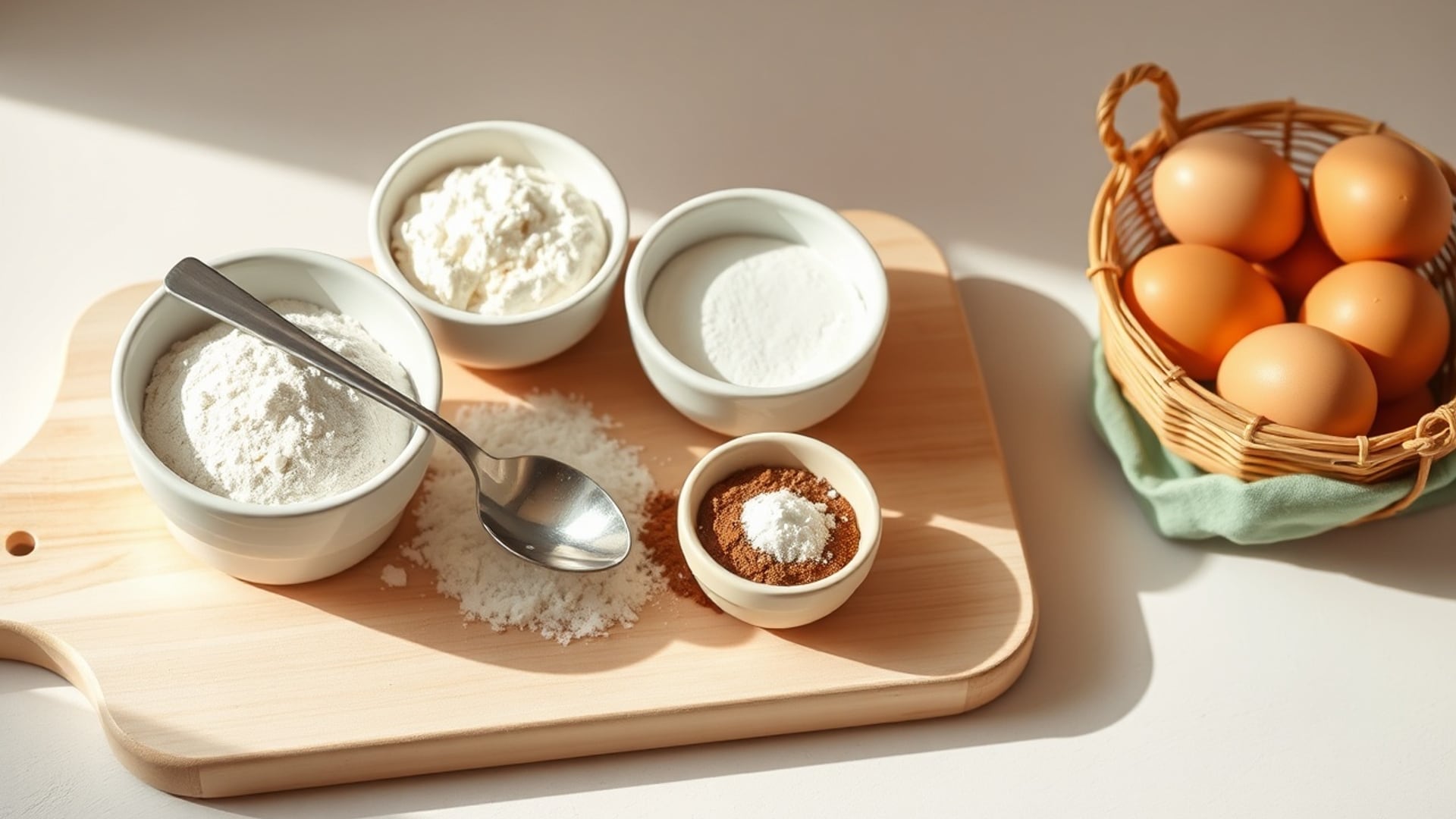 Illustration of white bowls of flour, sugar, salt and cocoa with a steel teaspoon on a board, beside a basket of eggs