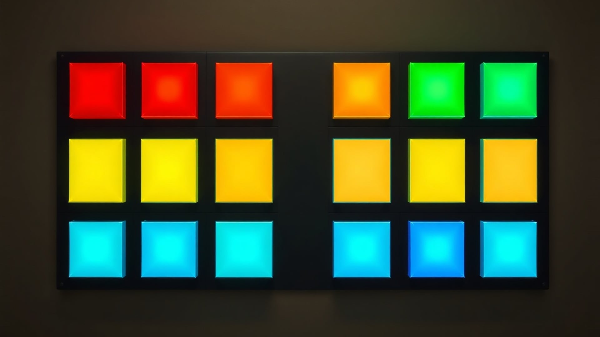 Illustration of eighteen glowing square tiles on a dark panel, in rainbow colors from red and yellow to blue