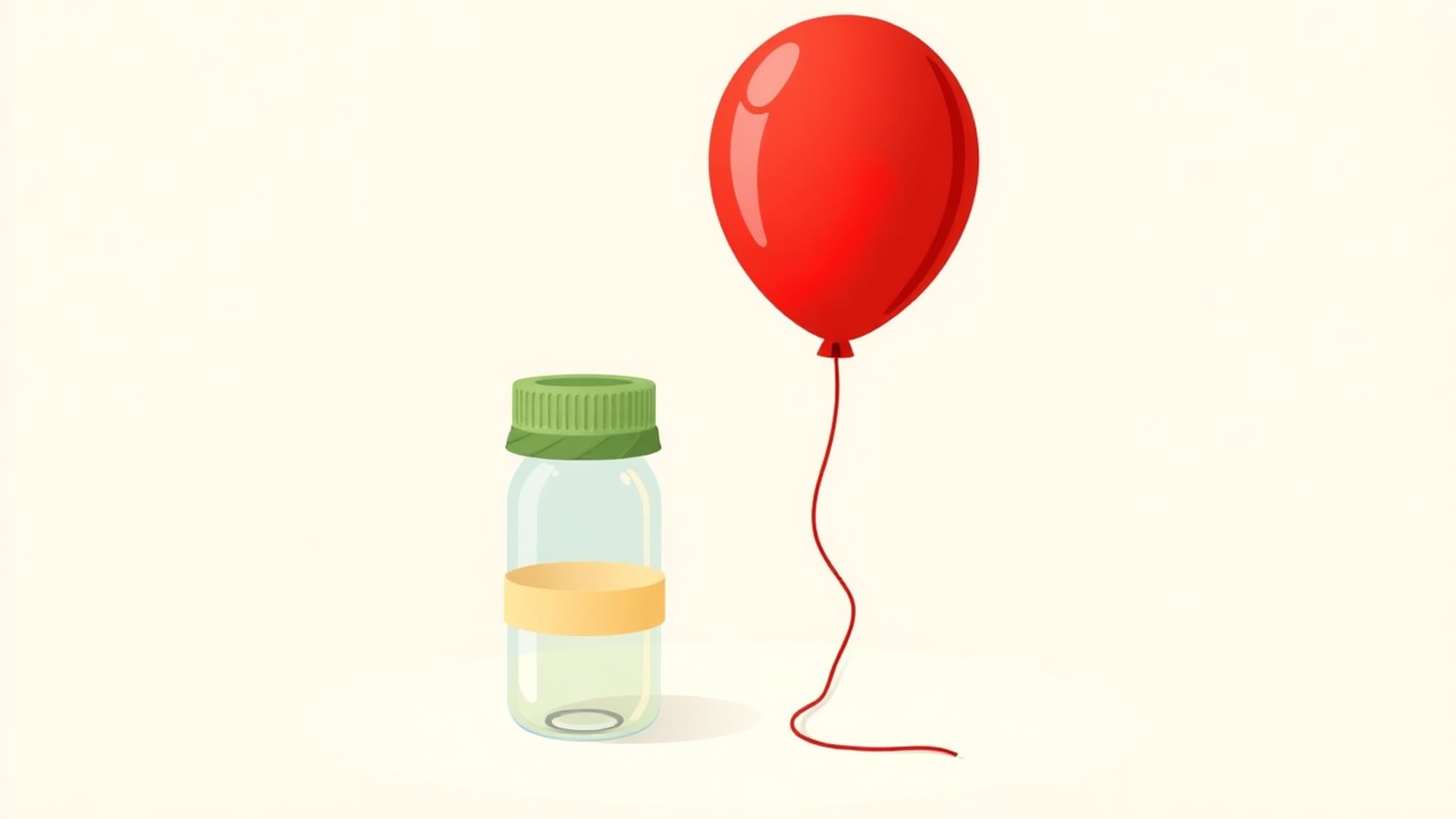 Illustration of a red balloon on a string beside a small glass jar with a green lid