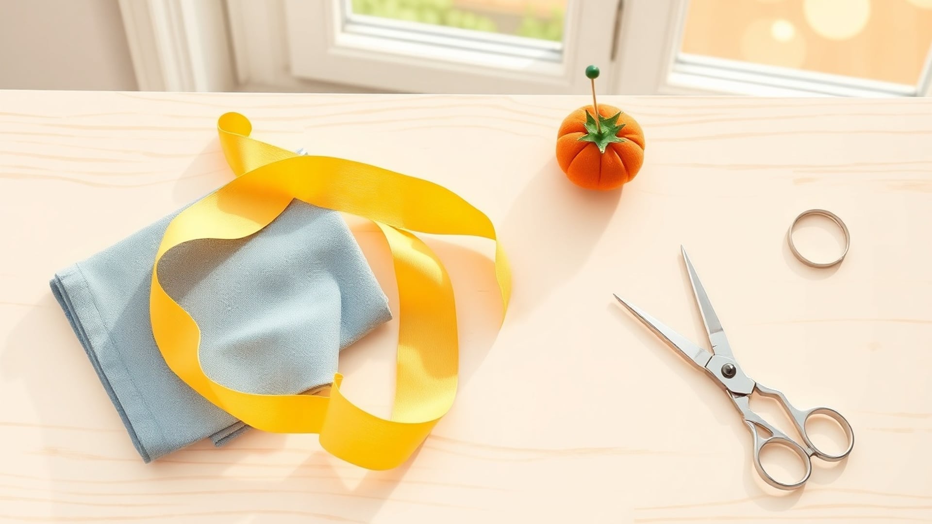 Illustration of a loose yellow fabric tape on a sewing table with folded blue linen, a tomato pincushion and shears