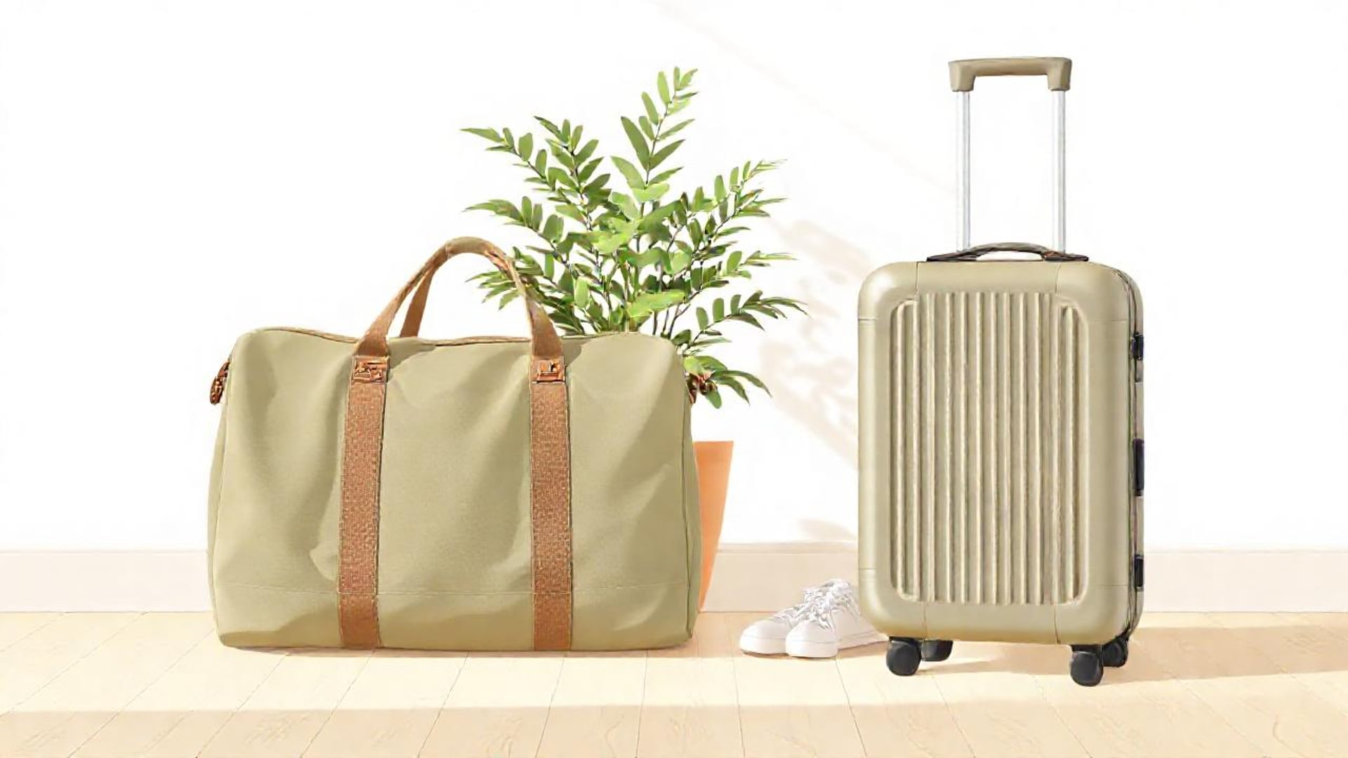 Illustration of a canvas duffel bag and a hard-shell suitcase beside a potted fern and white sneakers