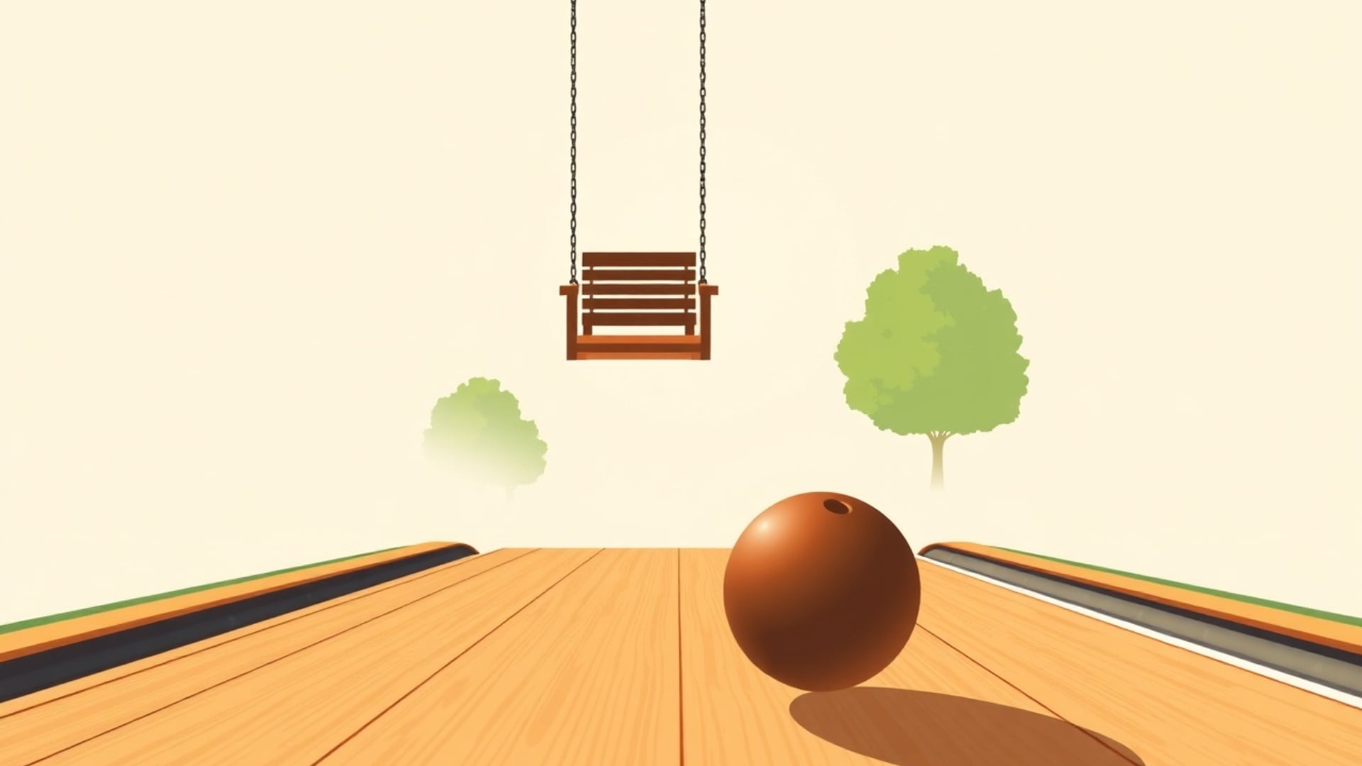 Illustration of a swing at the top of its arc and a bowling ball rolling along a wooden lane