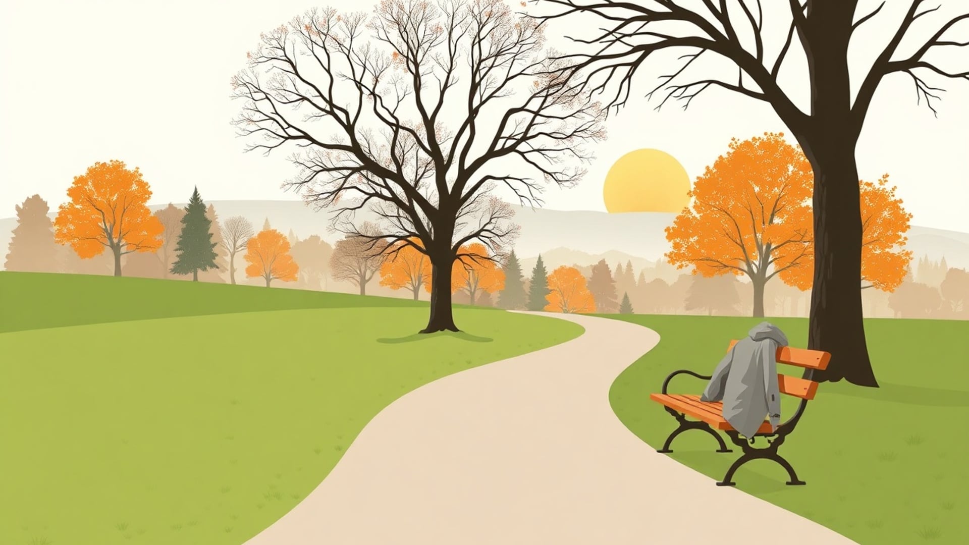 Illustration of a winding park path through autumn trees, with a jacket draped over a wooden bench