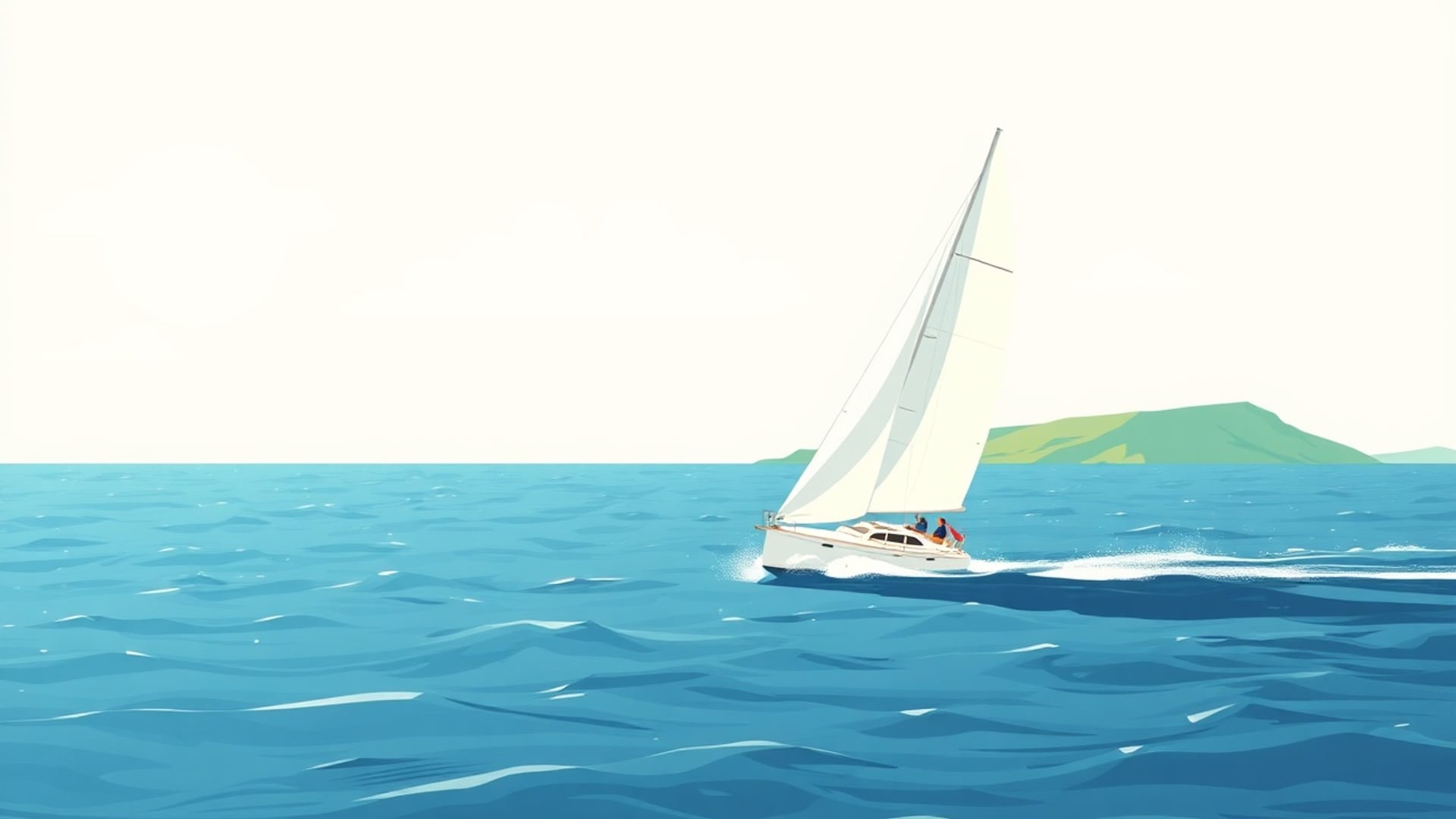 Illustration of a white sailboat heeling on a deep blue sea with a green headland behind