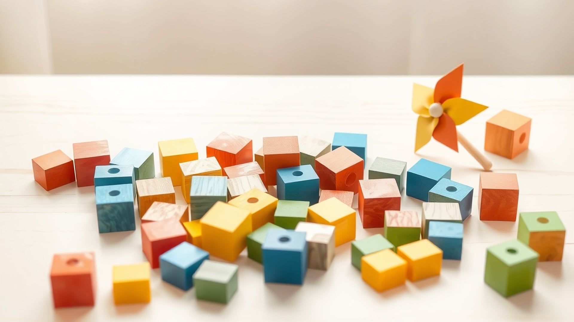 Illustration of plain colorful wooden building blocks and a paper pinwheel scattered on a pale wooden table