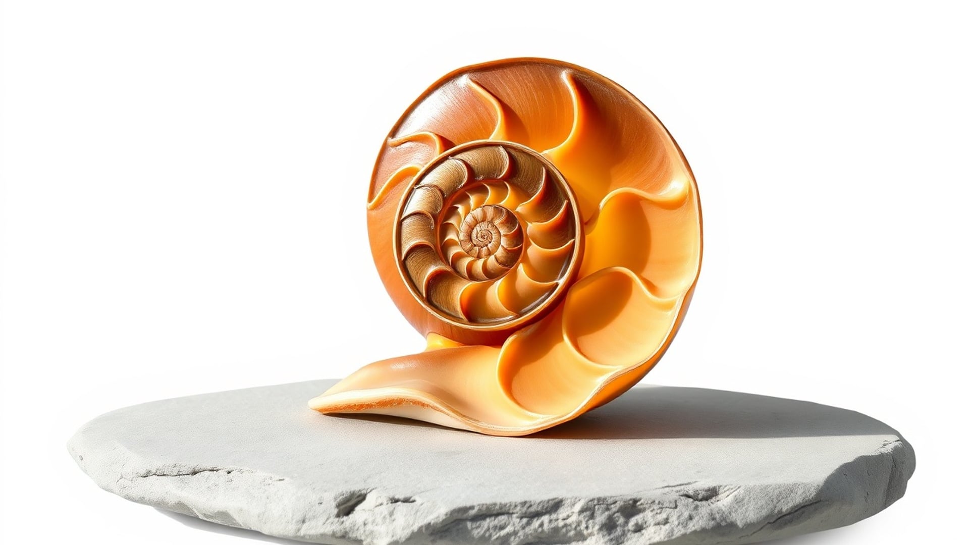 Illustration of a nautilus shell showing its spiral chambers, resting on grey slate
