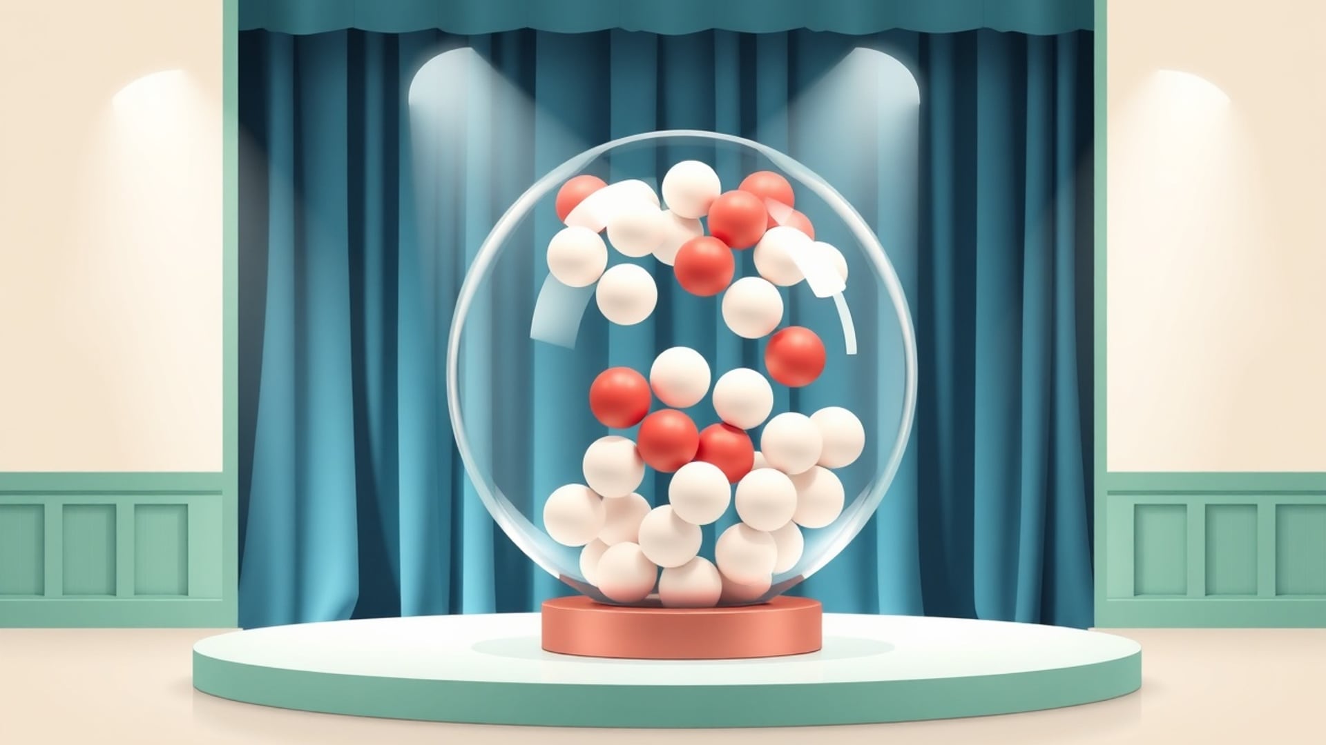 Illustration of a glass lottery drum full of plain white and red balls on a stage before a blue curtain