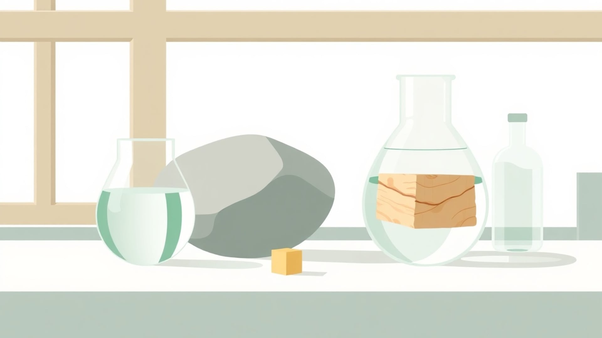 Illustration of a grey stone, a small brass cube and glass flasks of water on a sill, a wooden block floating in one