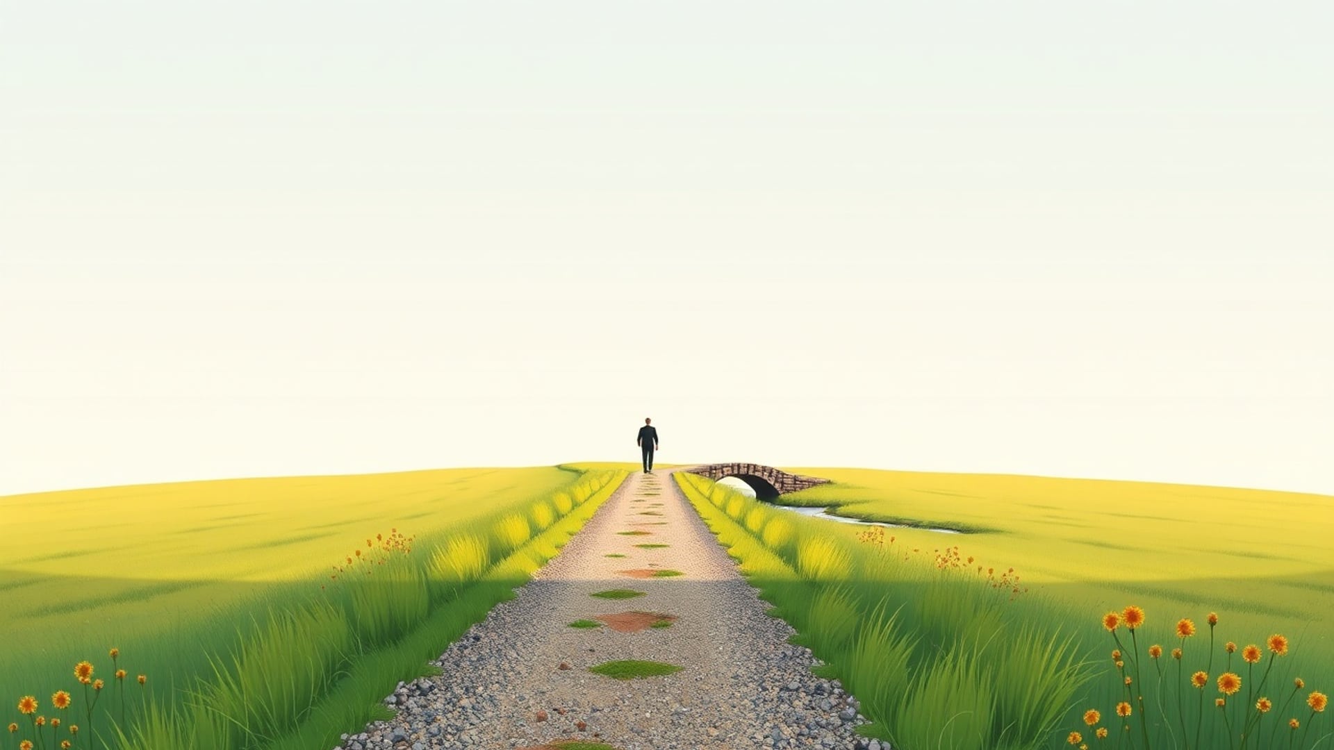 Illustration of a gravel footpath across a meadow toward a small stone bridge, with a distant walker