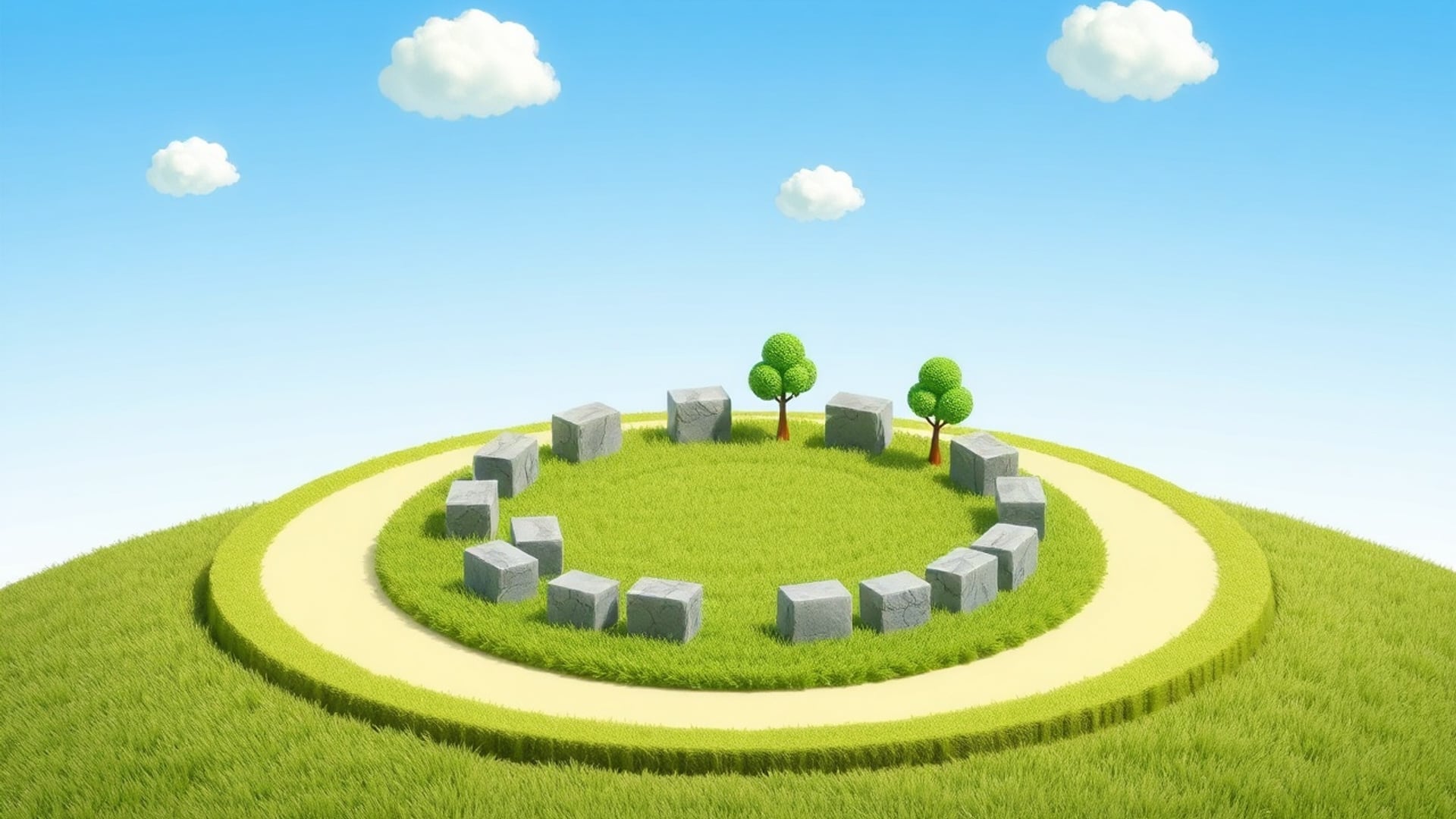 Illustration of a ring of gray stone cubes on a round grassy island with two small trees under a blue sky