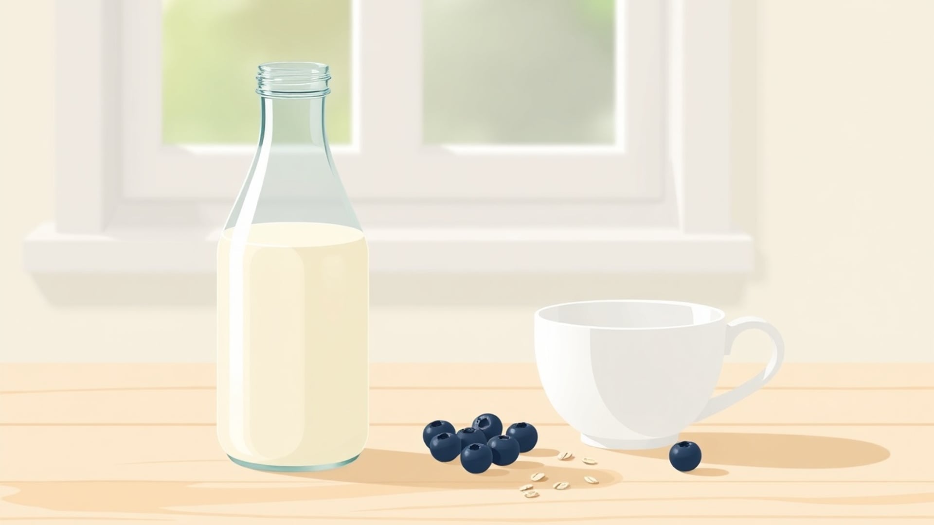 Illustration of a glass bottle of milk, a white mug and a few blueberries on a wooden table by a window