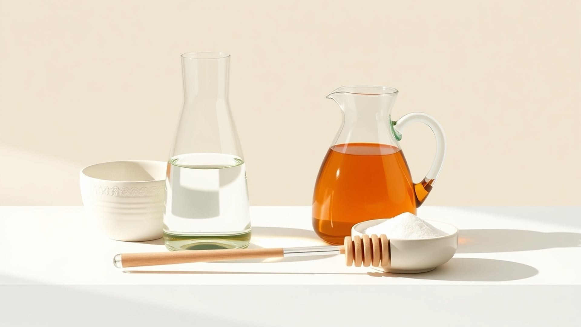 Illustration of a glass flask of water, a glass jug of honey, a honey dipper and a bowl of sugar on a white bench