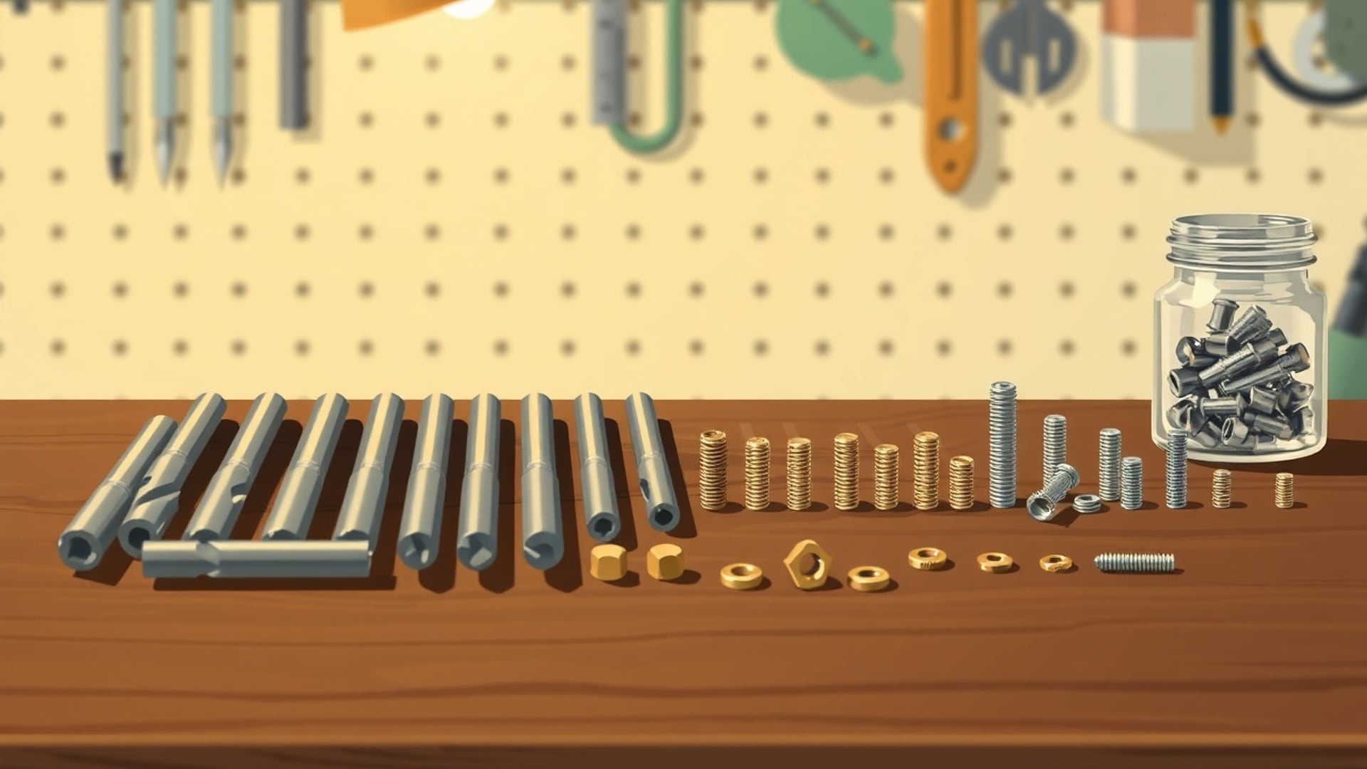 Illustration of drill bits, brass screws and bolts in rows on a walnut bench beside a jar of washers