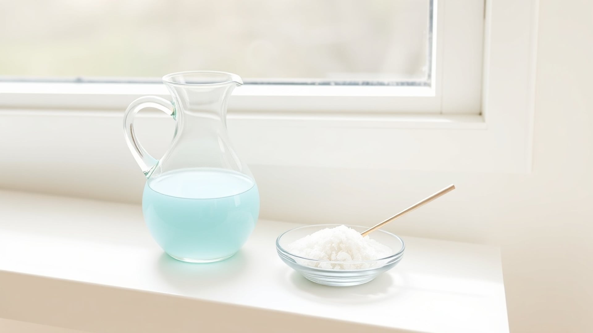 Illustration of a glass jug of pale blue liquid beside white crystals in a glass dish with a wooden stirrer