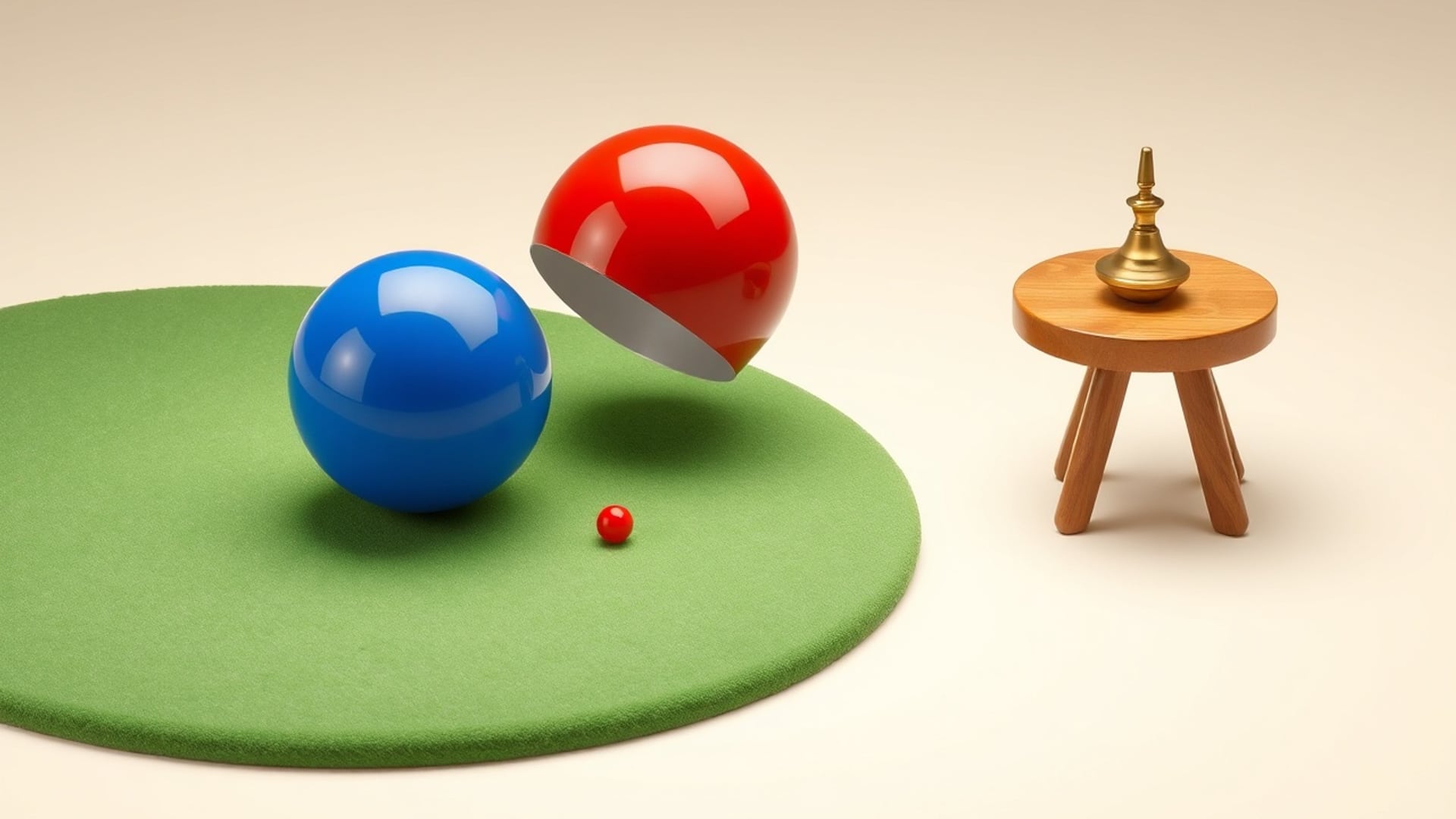 Illustration of a red and a blue marble colliding on green felt beside a spinning brass top on a small table