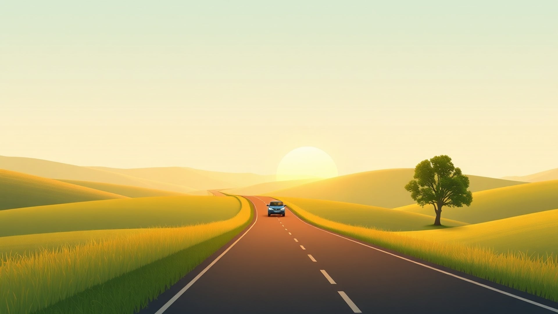 Illustration of a tiny blue car on a long country road winding through green hills toward an evening sun