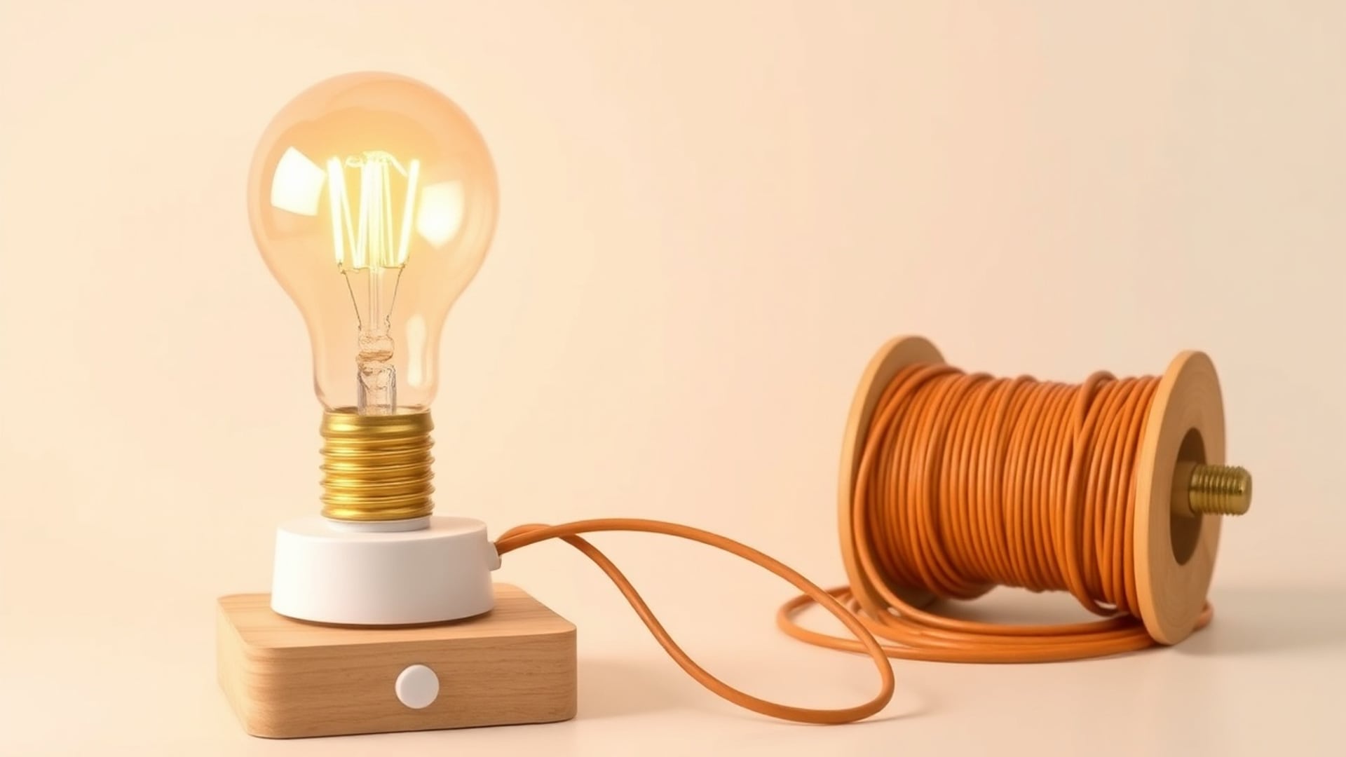 Illustration of a glowing bulb in a white holder on a wooden block, wired to a spool of copper wire