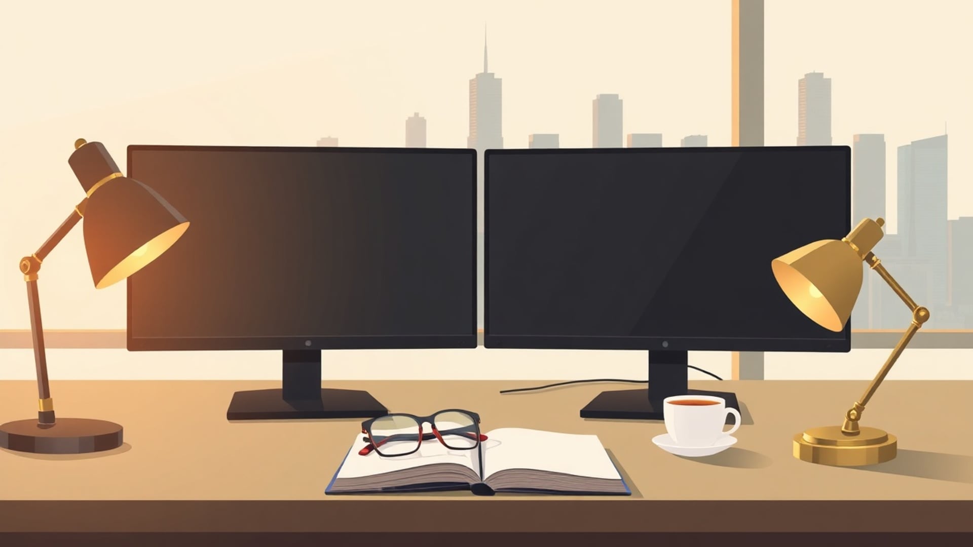 Illustration of a desk with two dark monitors, two lamps, glasses on an open notebook and tea before a city window