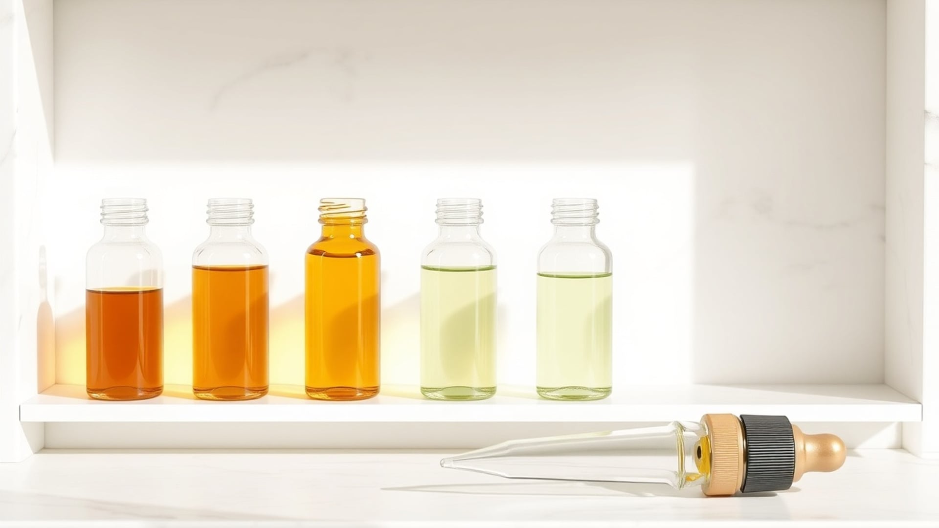 Illustration of five small glass bottles of amber and pale green liquids on a white shelf beside a glass dropper