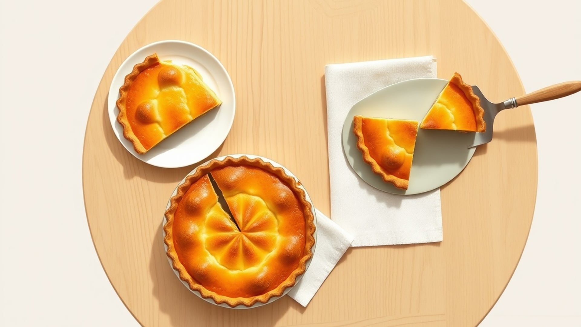 Illustration of baked pies on a round wooden table, one cut into wedges, with slices on a plate and a server