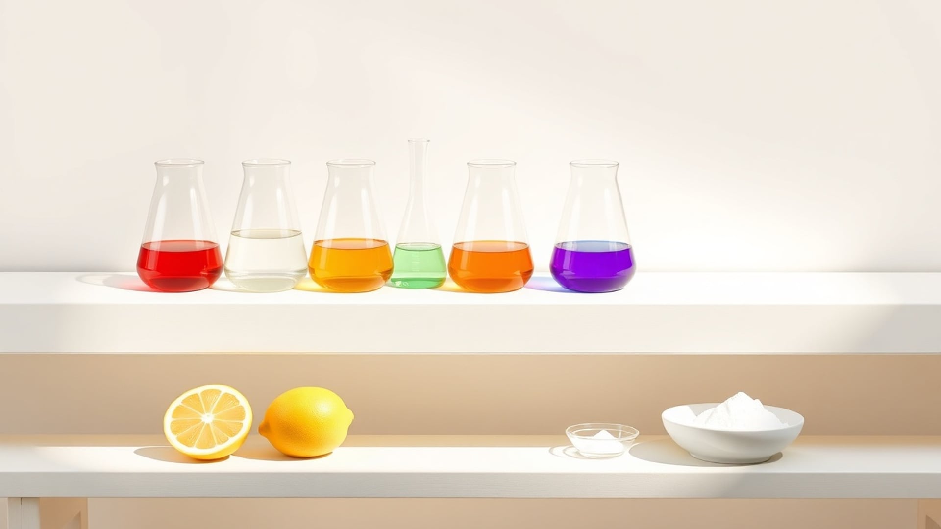 Illustration of a row of glass flasks of coloured liquid from red to violet above lemons and a dish of white powder