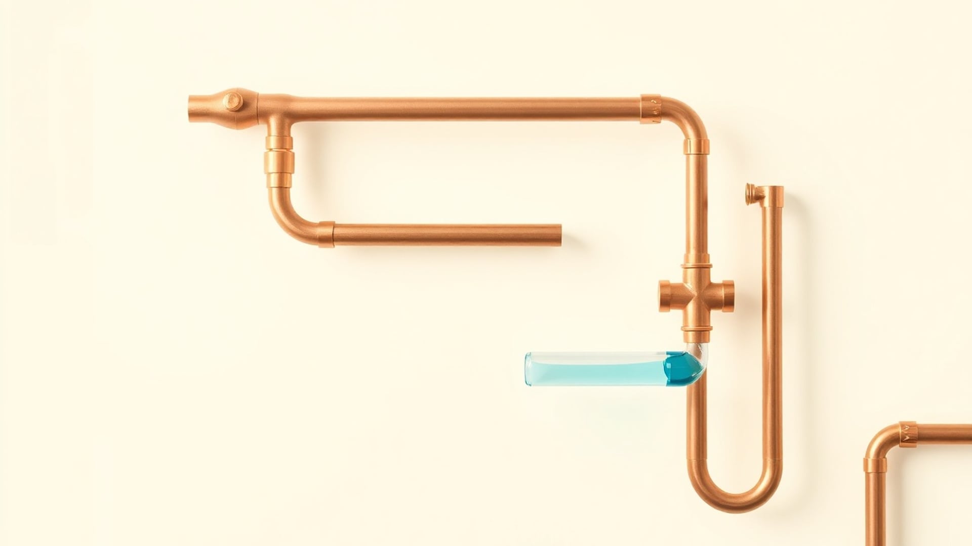 Illustration of polished copper pipes with bends and tees on a plain cream wall, one clear section showing water