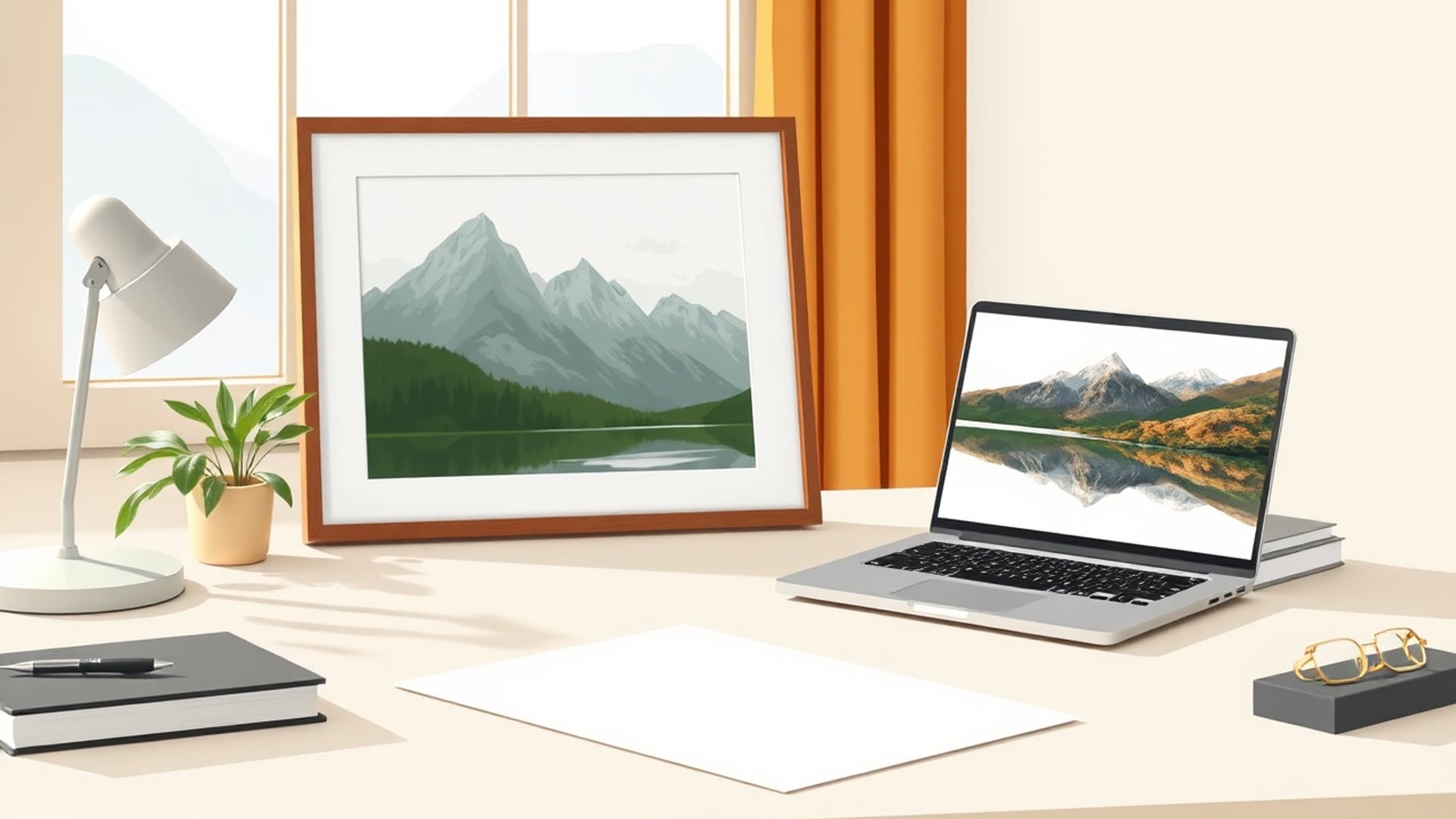 Illustration of a framed mountain lake print on a desk beside a laptop showing the same photo
