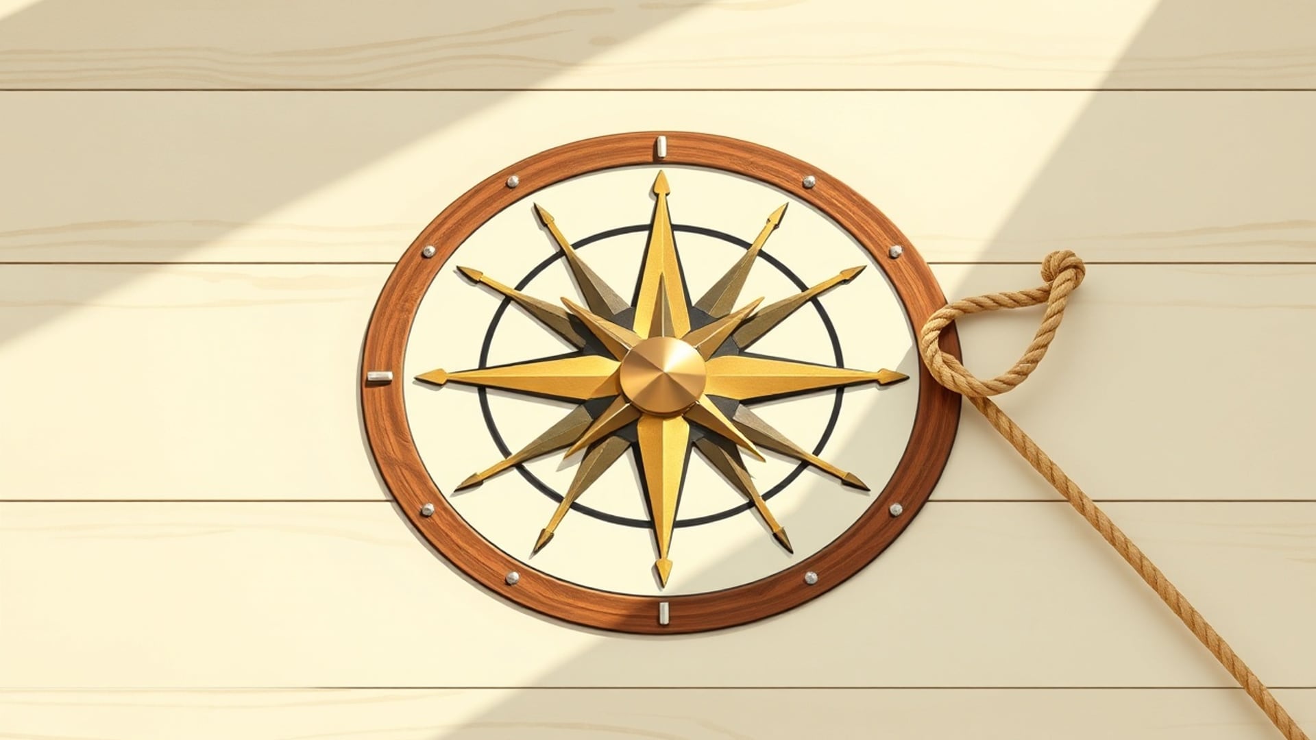 Illustration of a brass compass rose set in a wooden deck, with a coiled rope at its edge