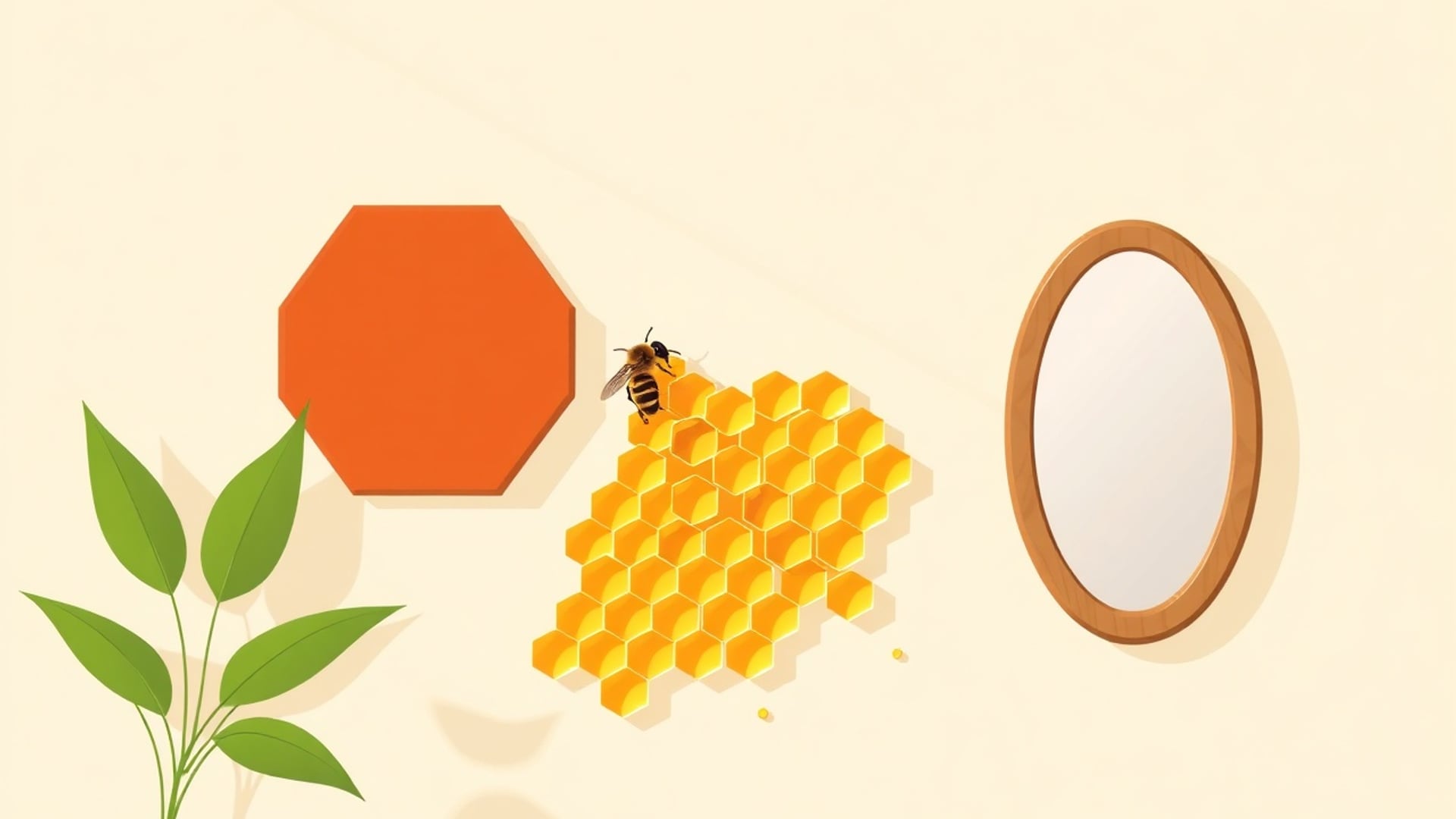 Illustration of an orange octagonal tile, a hexagonal honeycomb with a bee, a green sprig and an oval wooden mirror