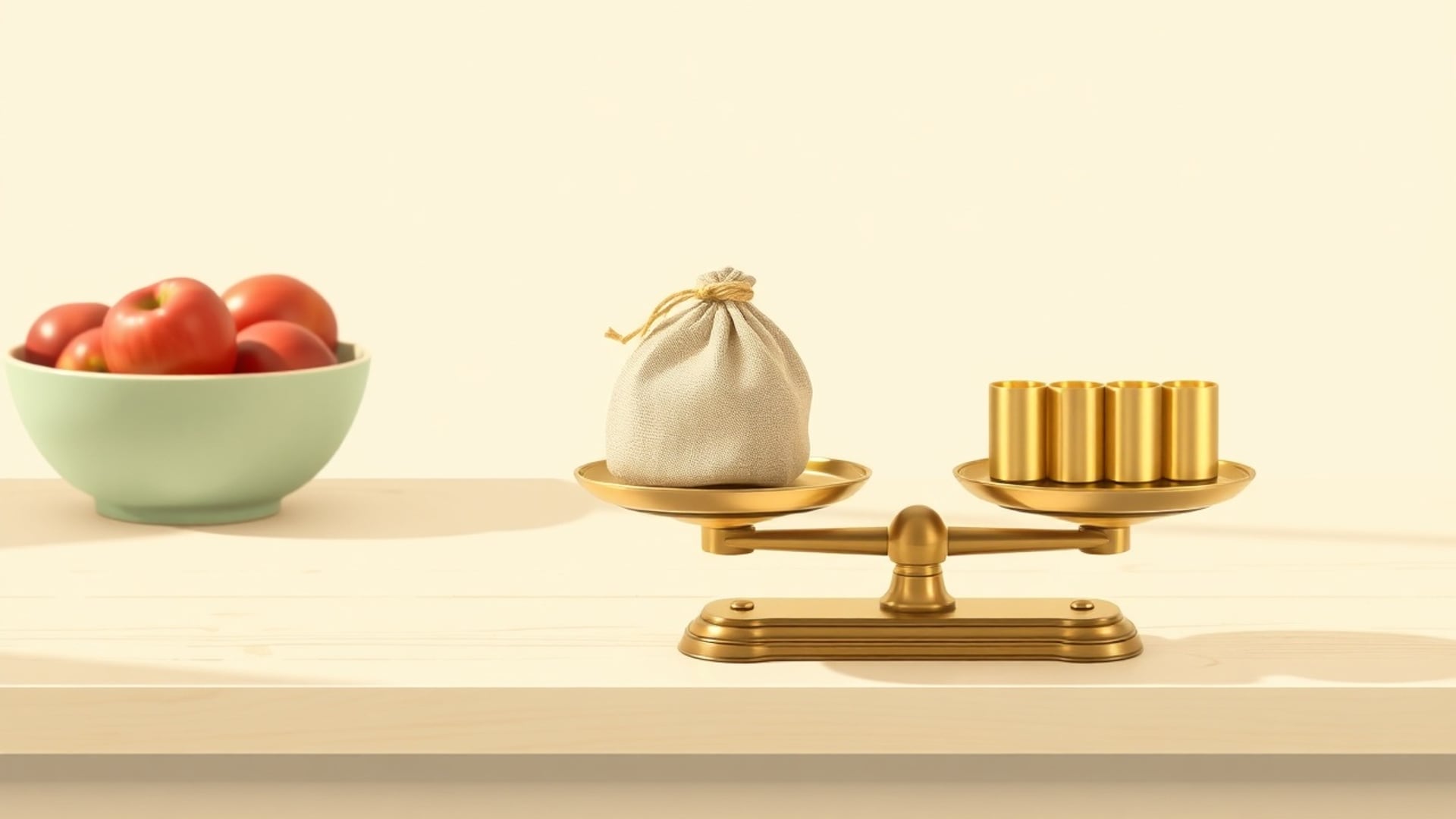 Illustration of a brass balance scale weighing a cloth sack against polished brass weights, beside a bowl of apples