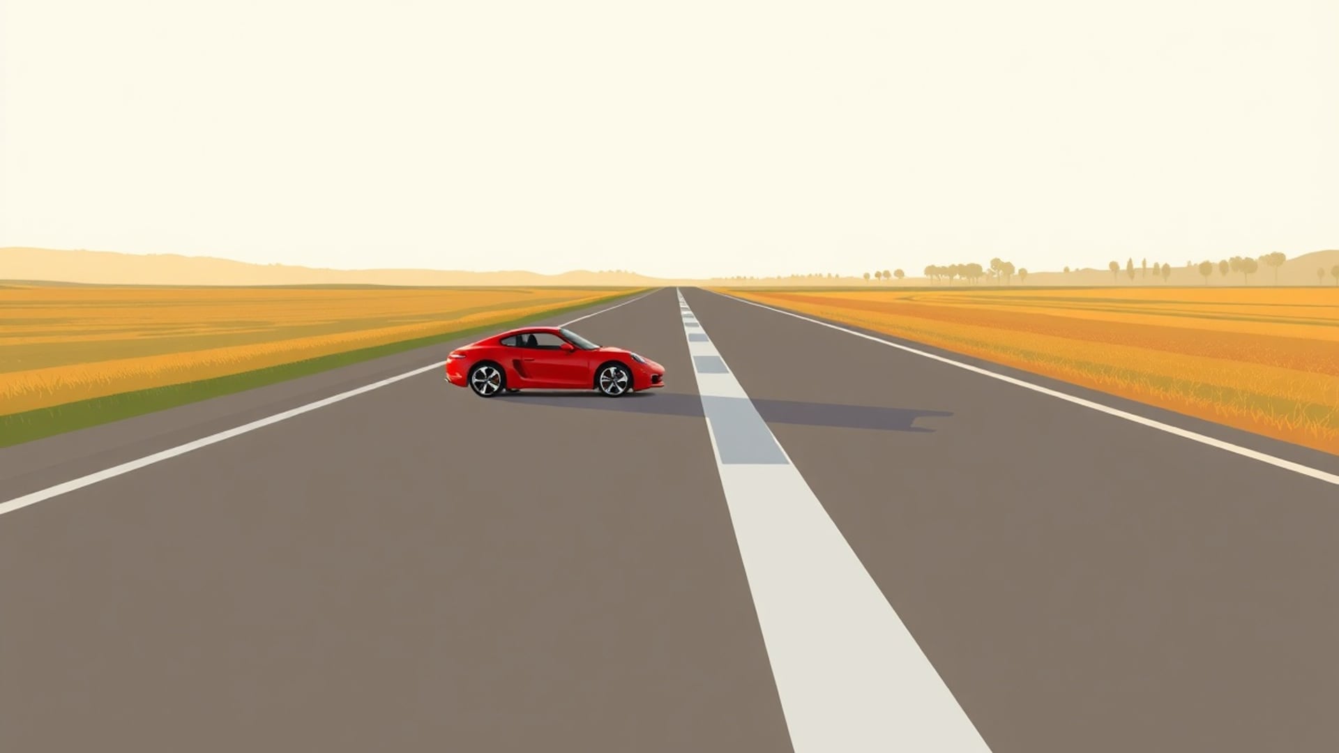 Illustration of a red coupe in side profile on a wide empty racetrack straight between golden fields