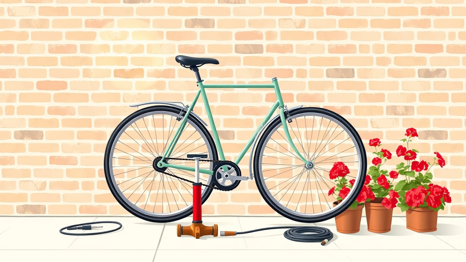 Illustration of a bicycle against a brick wall with a floor pump and hose and pots of red geraniums