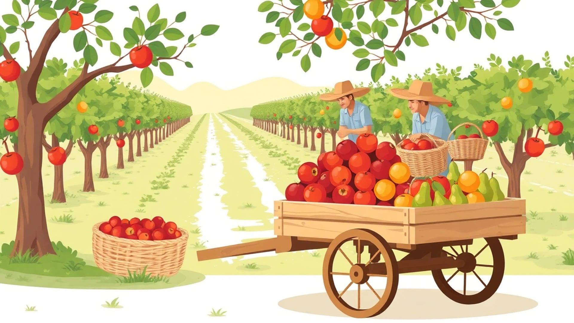 Illustration of a farm cart of apples, oranges and pears in an orchard, with two people choosing fruit