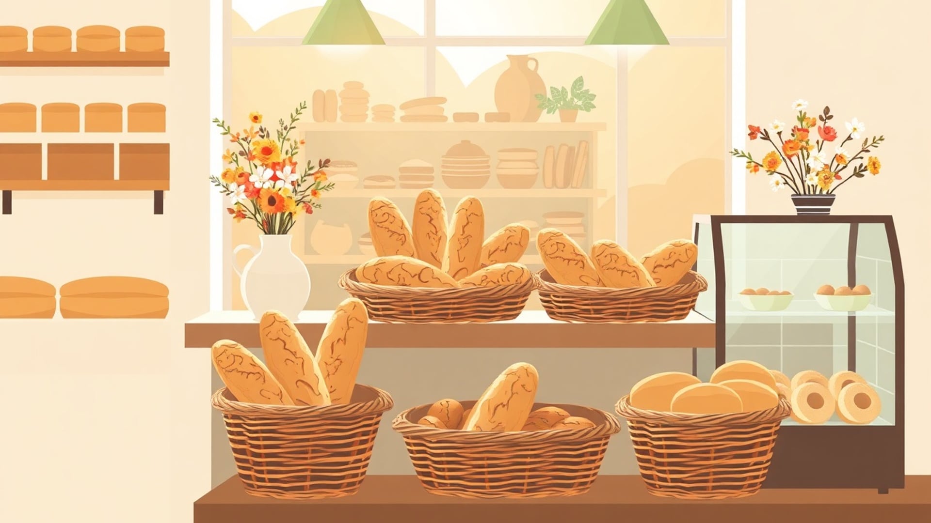 Illustration of a bakery counter with baskets of bread, a glass case of pastries and a jar of flowers