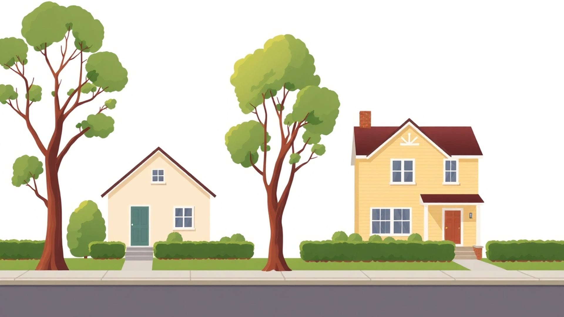 Illustration of a small cottage and a larger two storey house side by side on a quiet tree-lined street