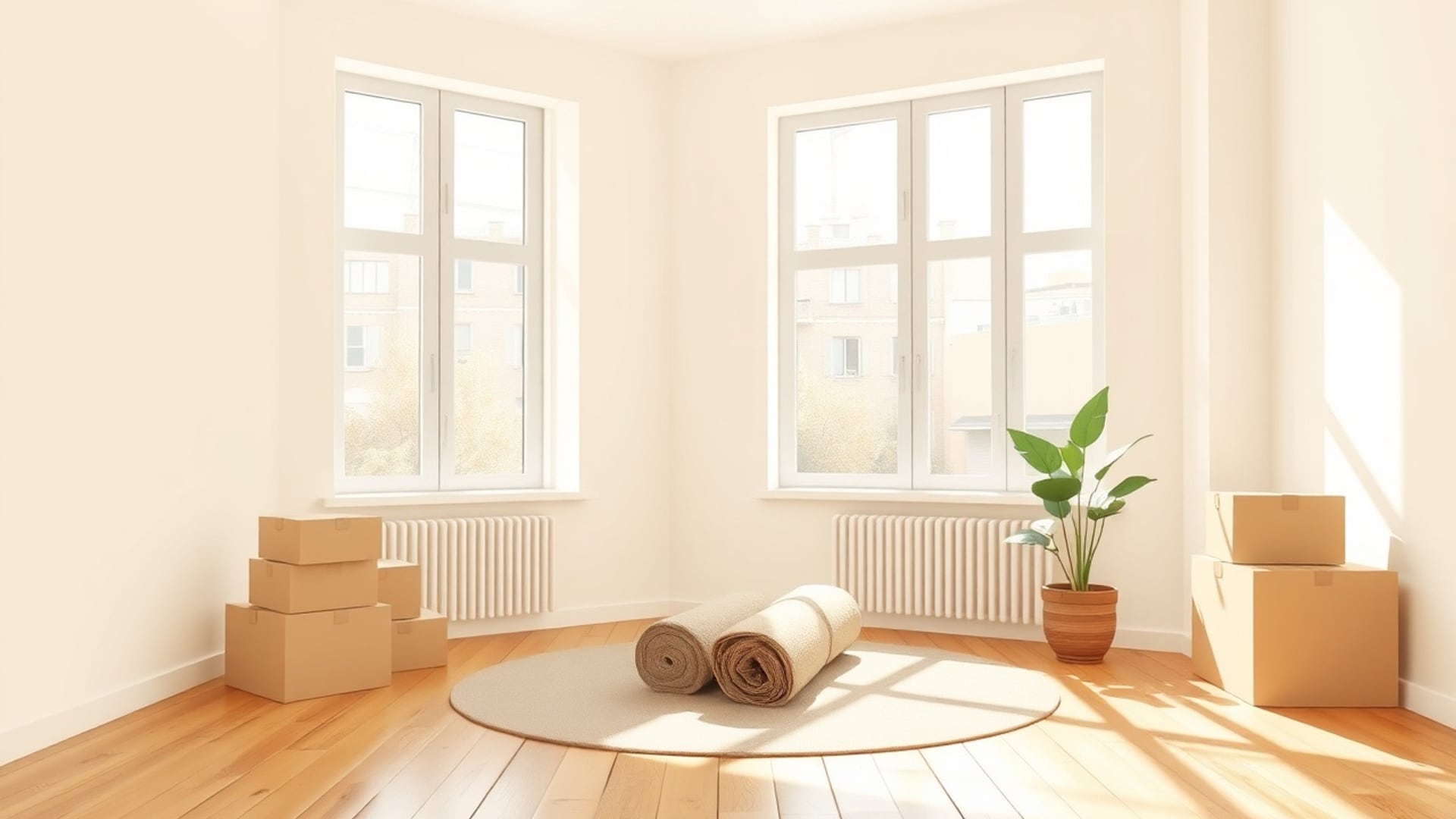 Illustration of a sunny empty apartment on moving day with cardboard boxes, a rolled rug and a potted plant