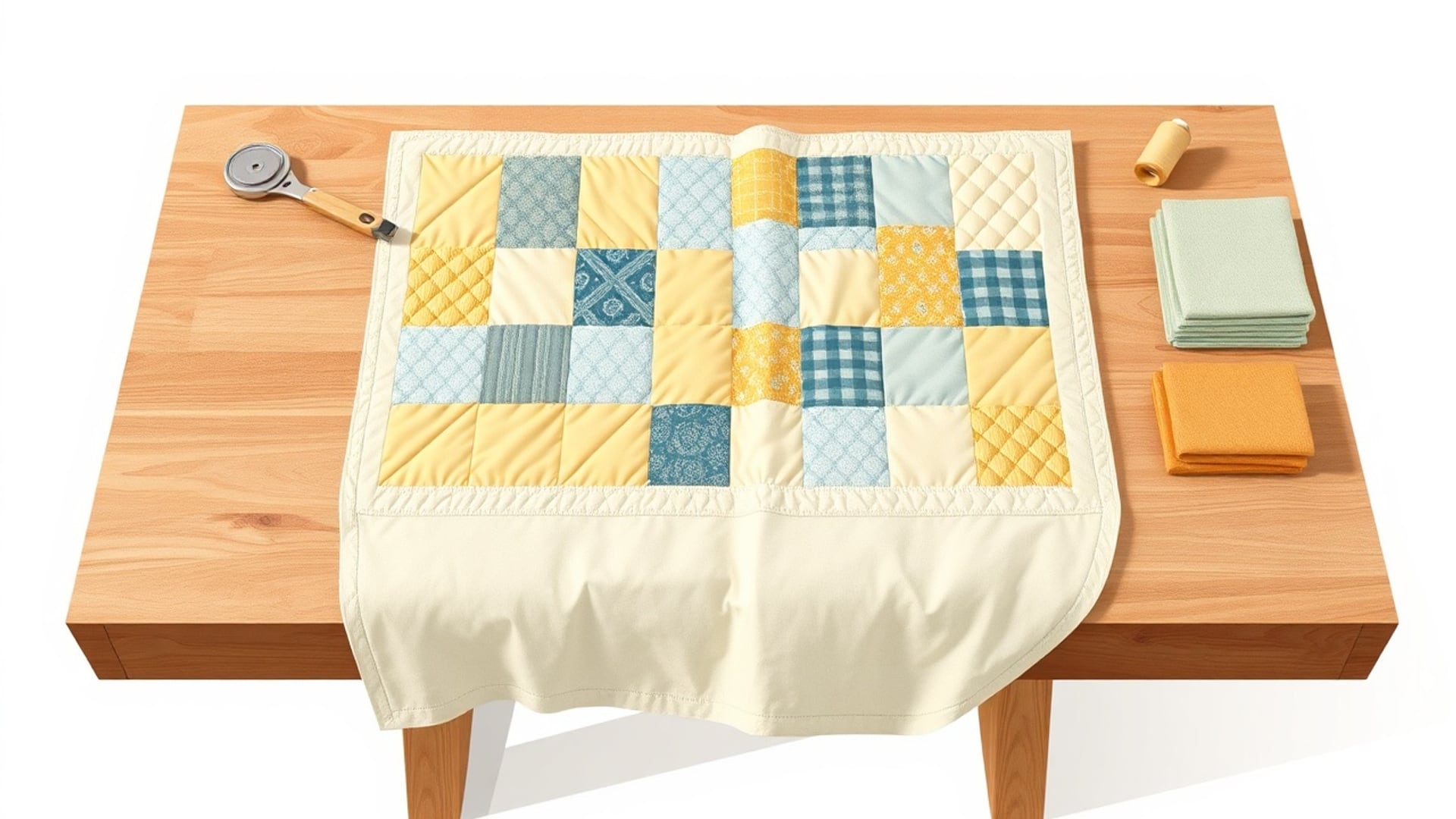 Illustration of a blue and yellow patchwork quilt top over a larger cream backing on a table, with a rotary cutter