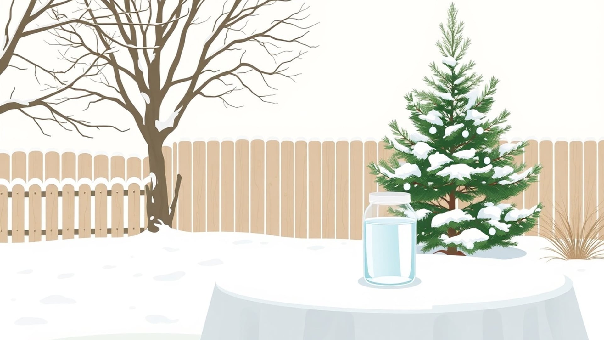 Illustration of a snowy backyard with a fence, a bare tree, a snow-dusted evergreen and a jar of water on a table