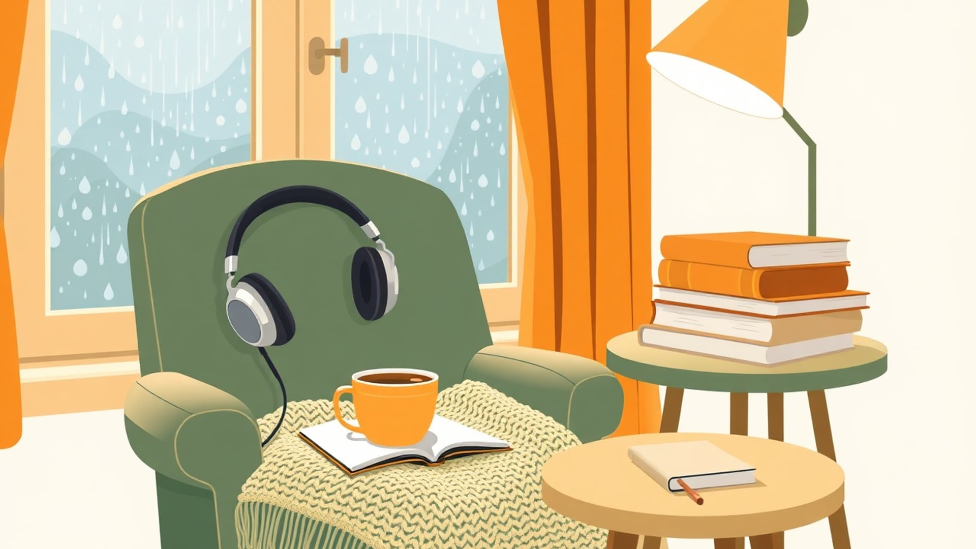 Illustration of headphones, a mug and an open book on an armchair by a rainy window, with plain books on side tables