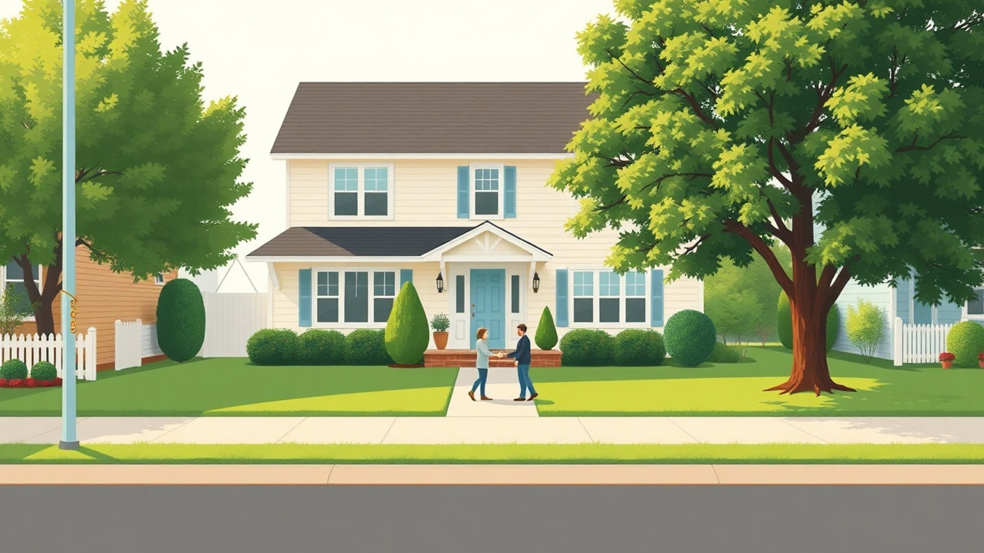 Illustration of two people shaking hands on the front path of a suburban house with a blue door and a large tree