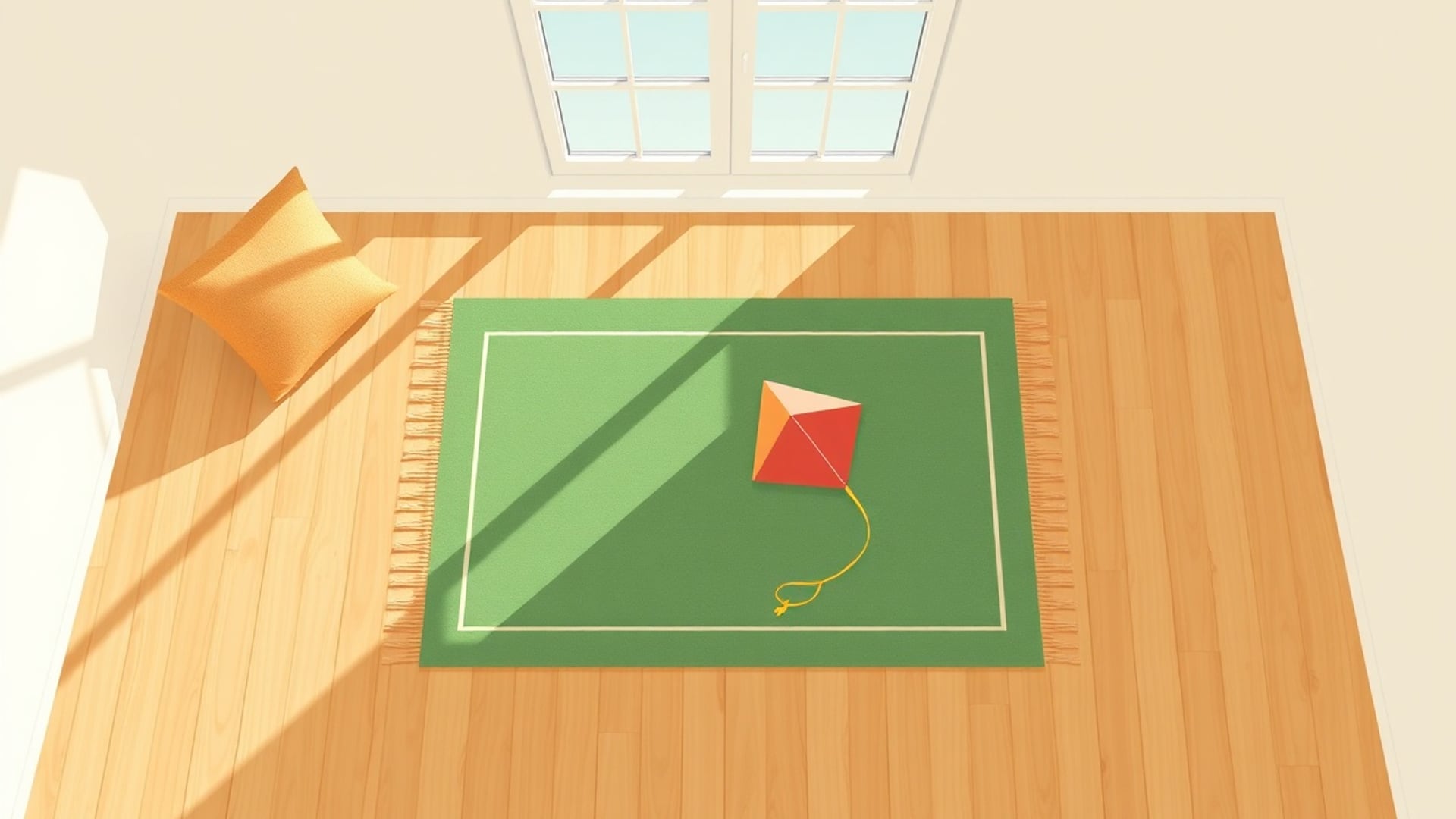 Illustration of a room from above with a green rectangular rug, a cushion, a diamond kite and slanted window light