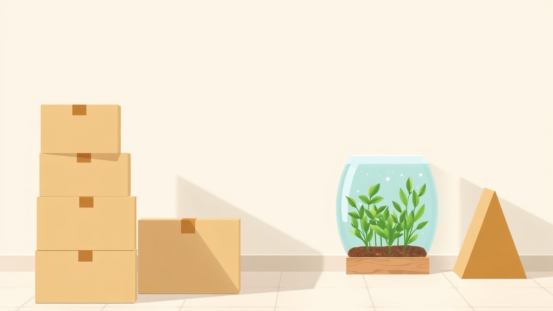 Illustration of plain cardboard boxes, a rounded glass tank of water plants and a wooden wedge on a pale floor