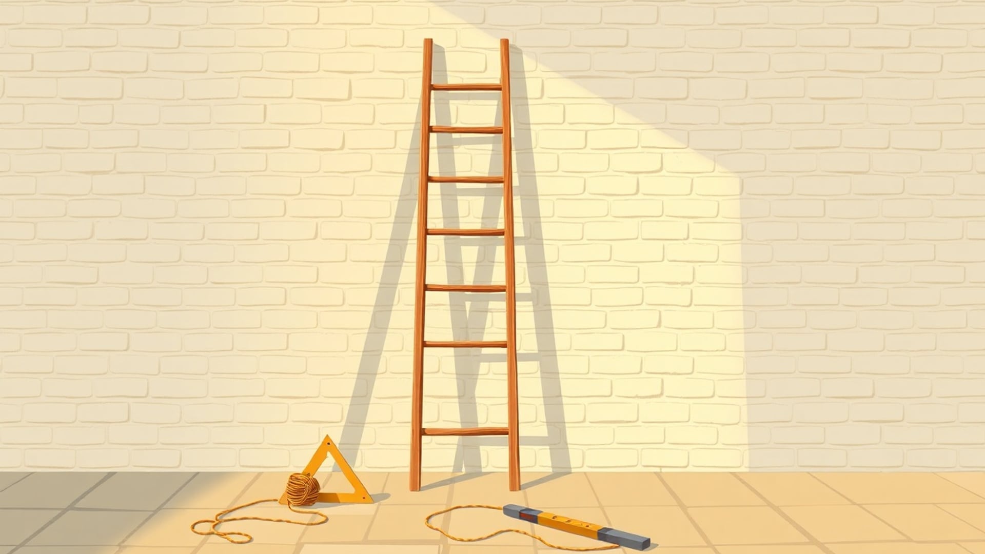 Illustration of a wooden ladder against a pale brick wall, with a set square, a coil of string and a level on the floor