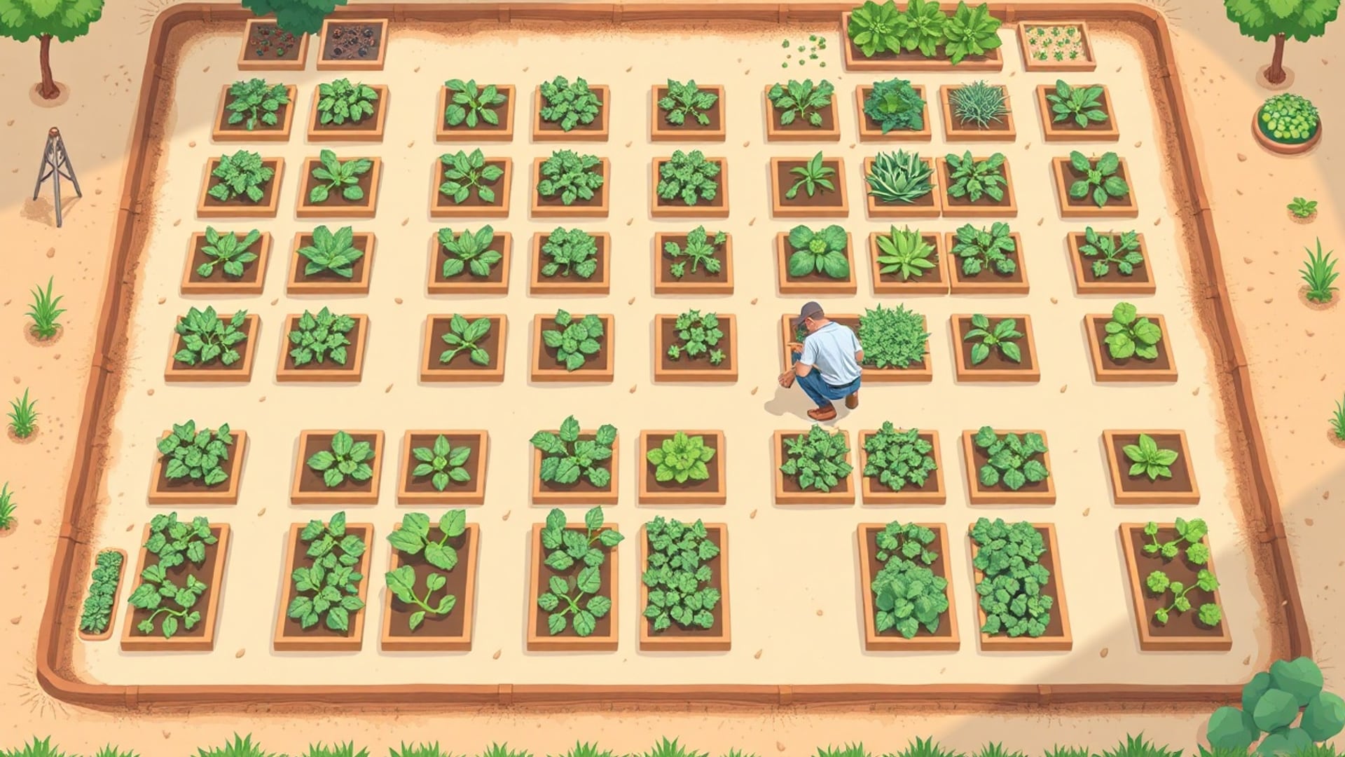Illustration of a square garden seen from above, divided into a grid of square vegetable beds