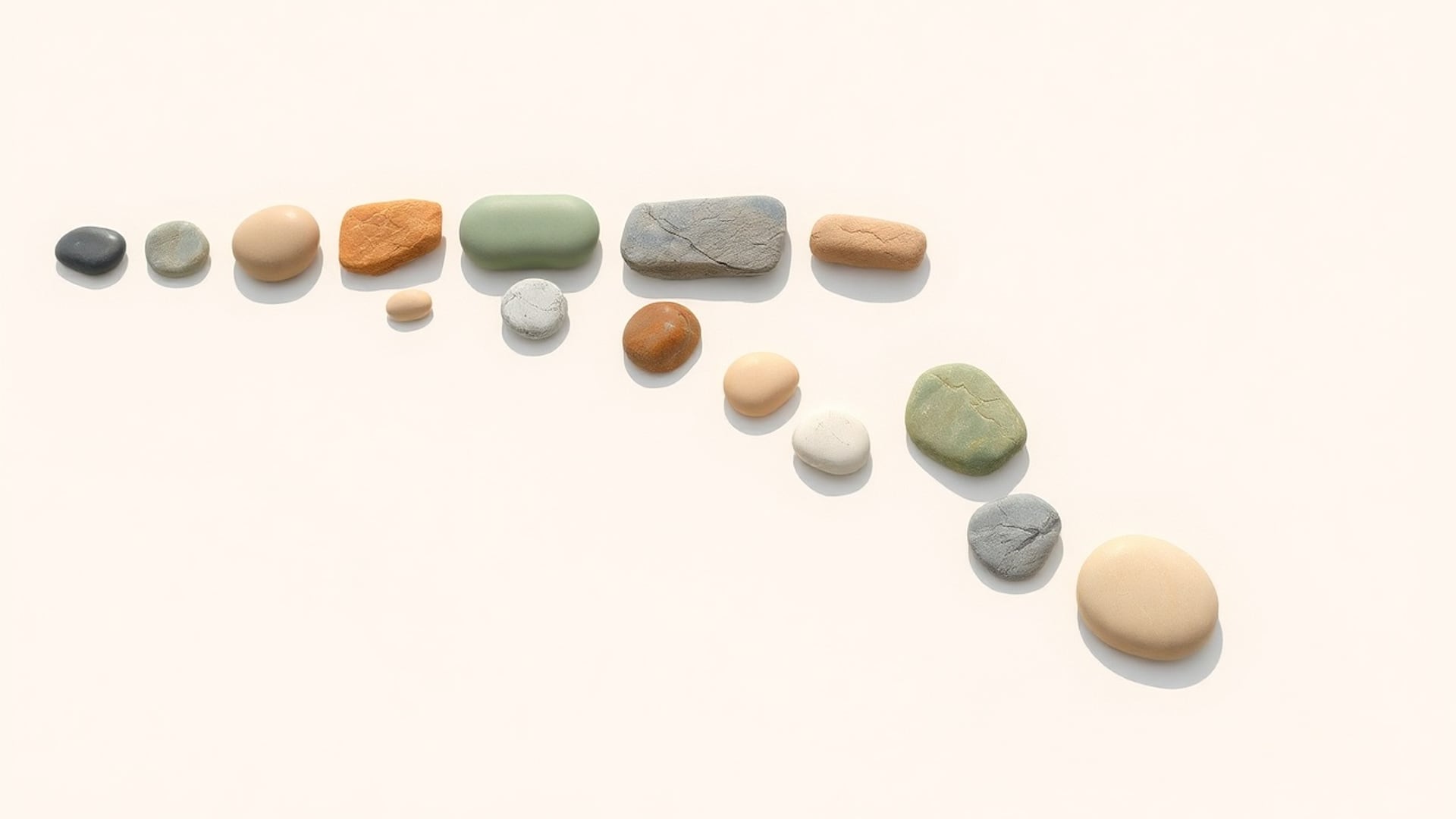 Illustration of smooth stones of different sizes and colours laid in a curving line on a pale ground