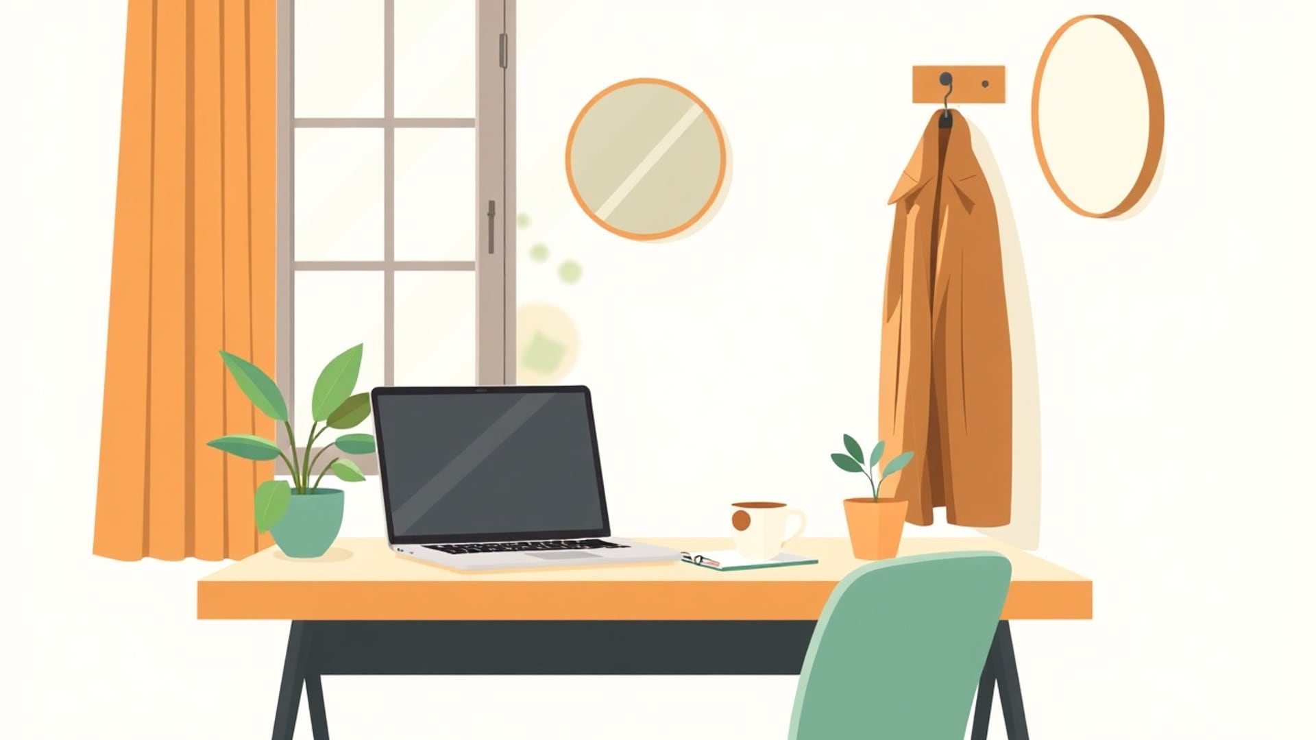 Illustration of a desk by a window with an open laptop, a coffee mug, potted plants and a coat on a wall hook