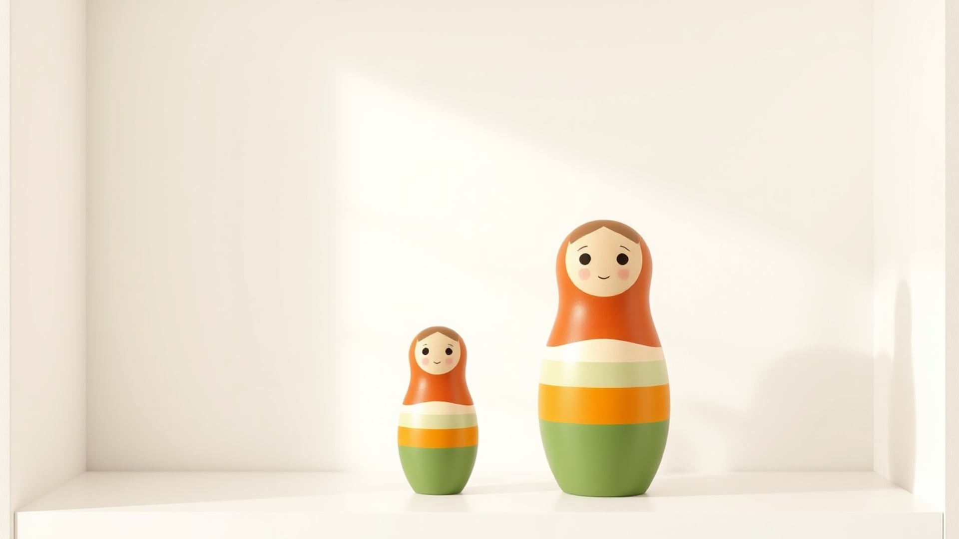 Illustration of two painted wooden nesting dolls, one small and one large, on a white shelf